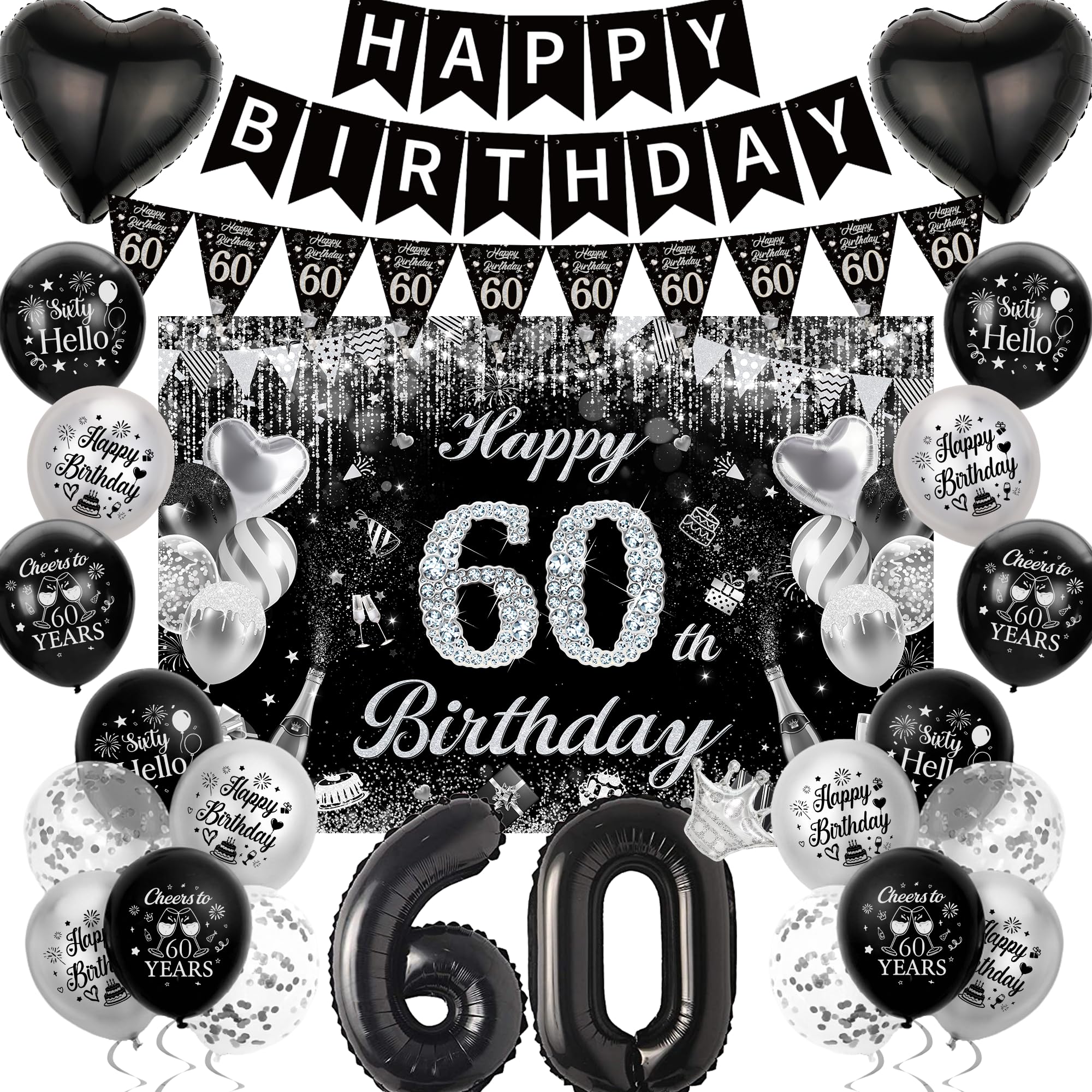 60th Birthday Party Decorations Banner Black Silver Backdrop Balloons Set