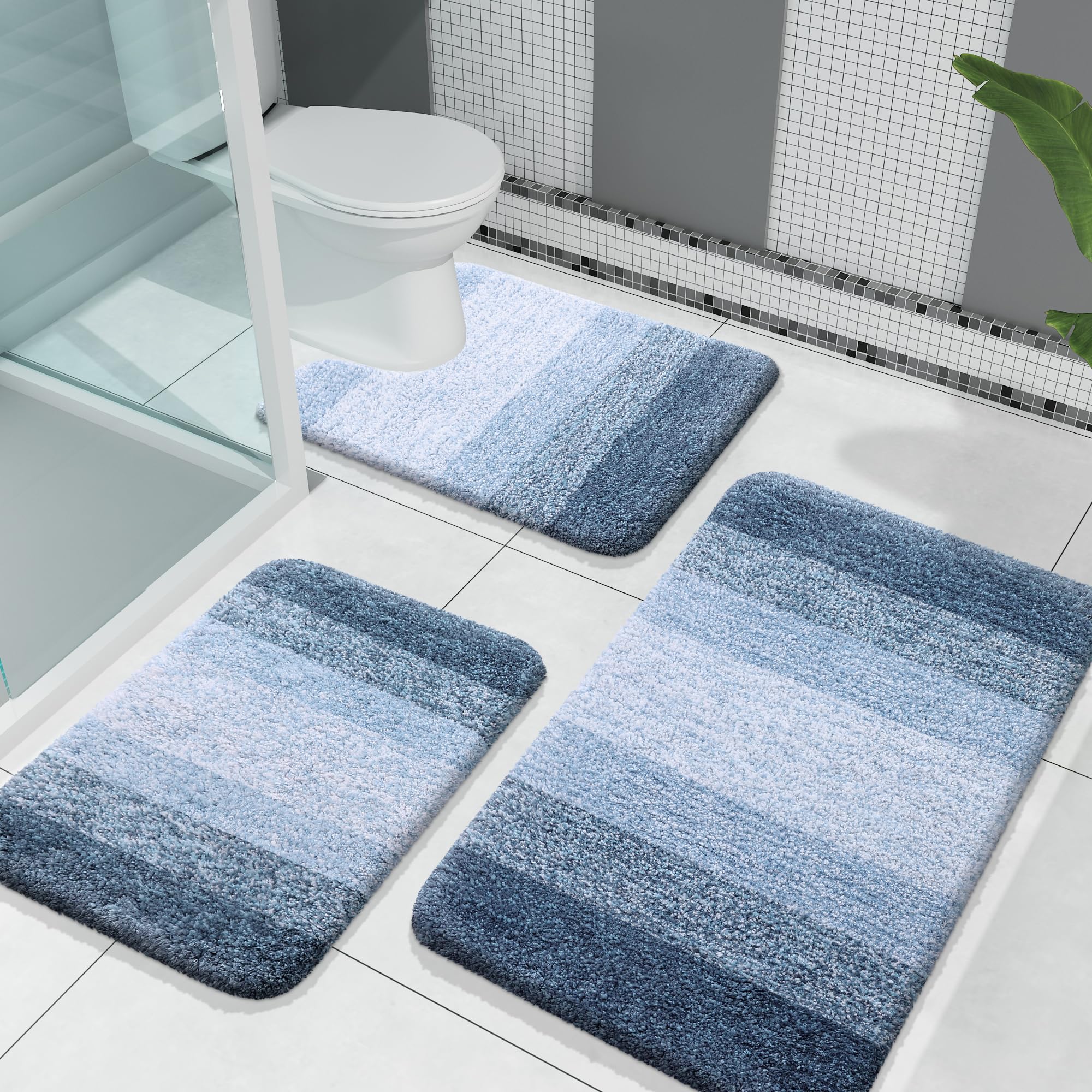 OLANLY Bathroom Rugs Sets 3 Piece, Soft Absorbent Microfiber Bath Rugs and U-Shaped Contour Toilet Rug Area Rug Set, Non-Slip Bath Carpet, Home Decor Accessories, Bath Mat Set for Bathroom, Dark Blue