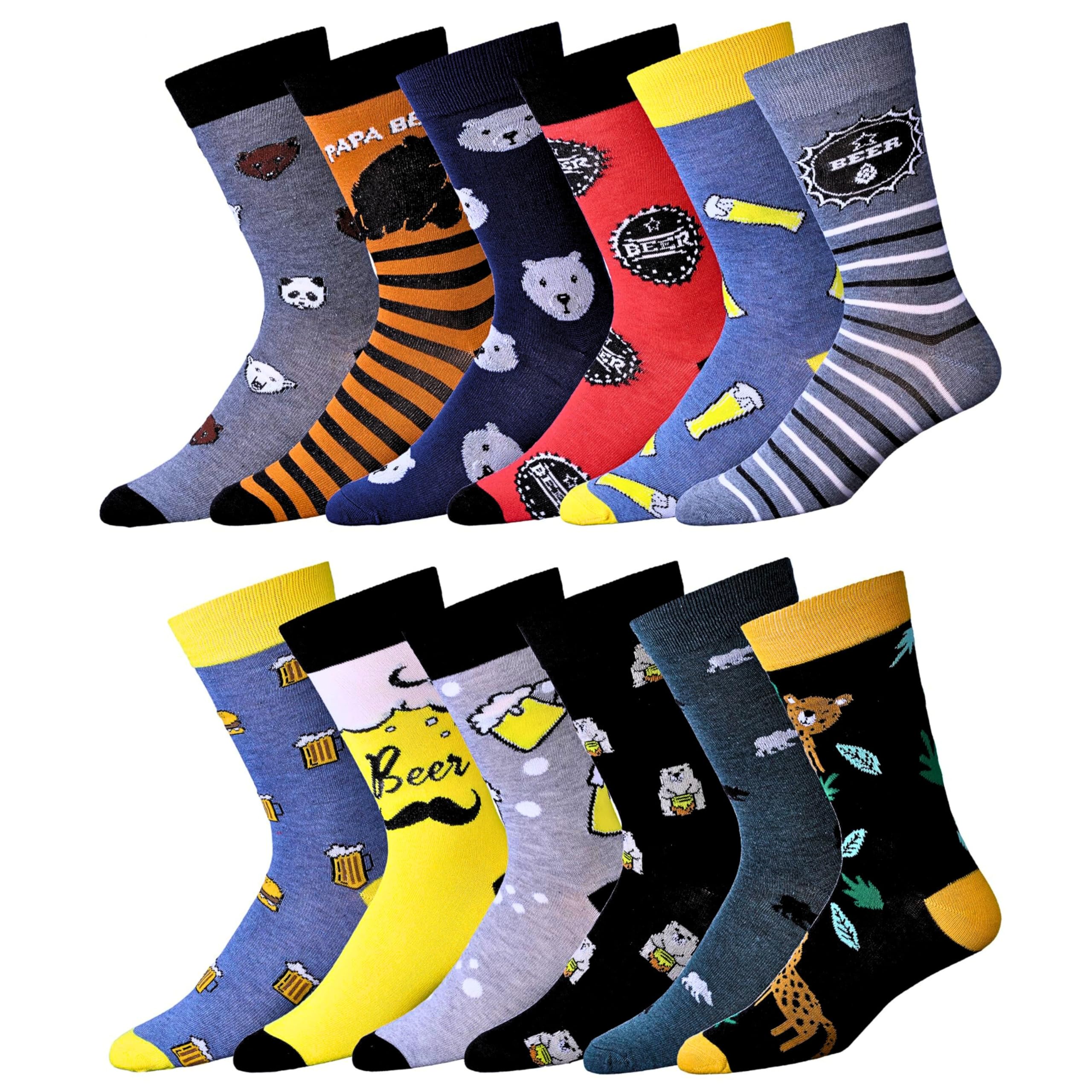 JAMES FIALLO Dress Socks for Men, Casual Colorful Fun Novelty Fashion Patterned Super Soft and Breathable Socks,12 Pairs (Brewery Bear Hugs), M9001-T1 Size 6-12