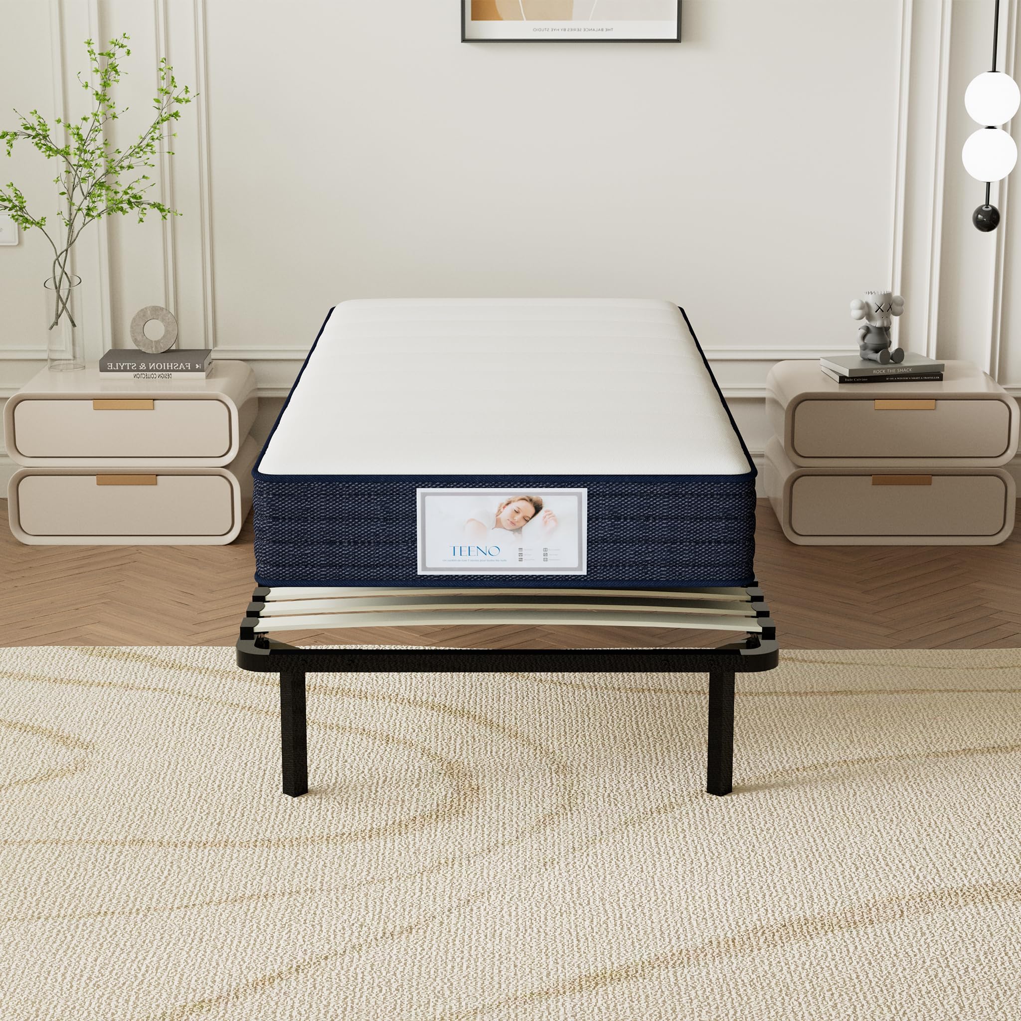 TEENO Ensemble Composè:Matelas a Memoire de Forme Matelas+Sommier à Lattes sur Pieds-4 Pieds Inclus(Ensemble 90x190, 22)