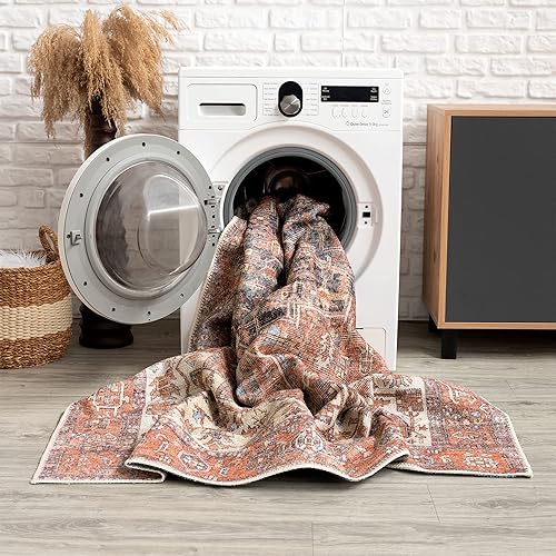 Miniatura 5 de Bloom Rugs - Alfombra lavable de 10 pies color rojo, naranja y beige, tapete desgastado para entradas, pasillos y cocinas