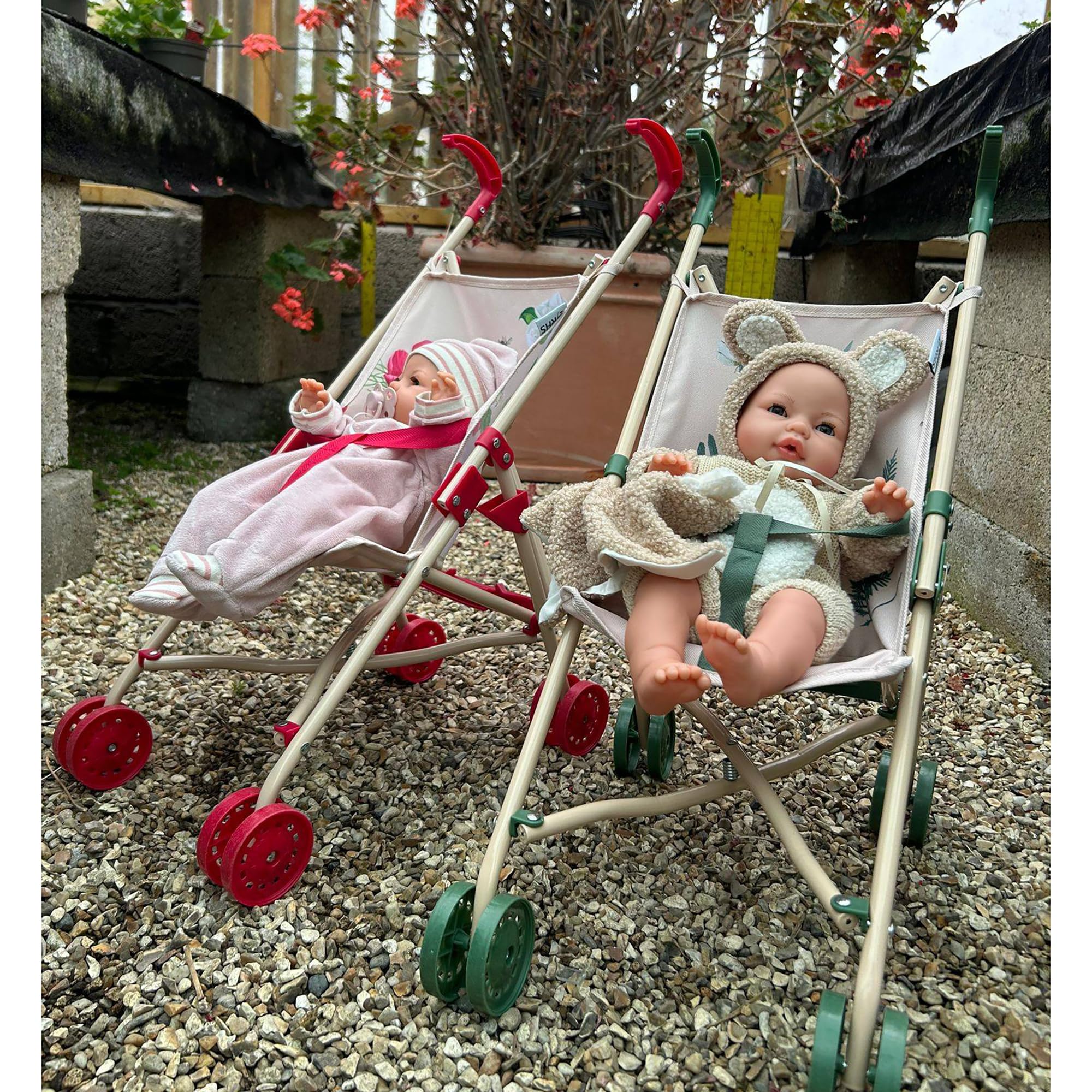 Poussette pour poupée Roma Flora - Jouet écologique avec parapluie pour poupée - À partir de 2 ans, crème/rouge, tissu recyclé, pliable, portable, première poussette idéale pour poupée, cadeau de Noël