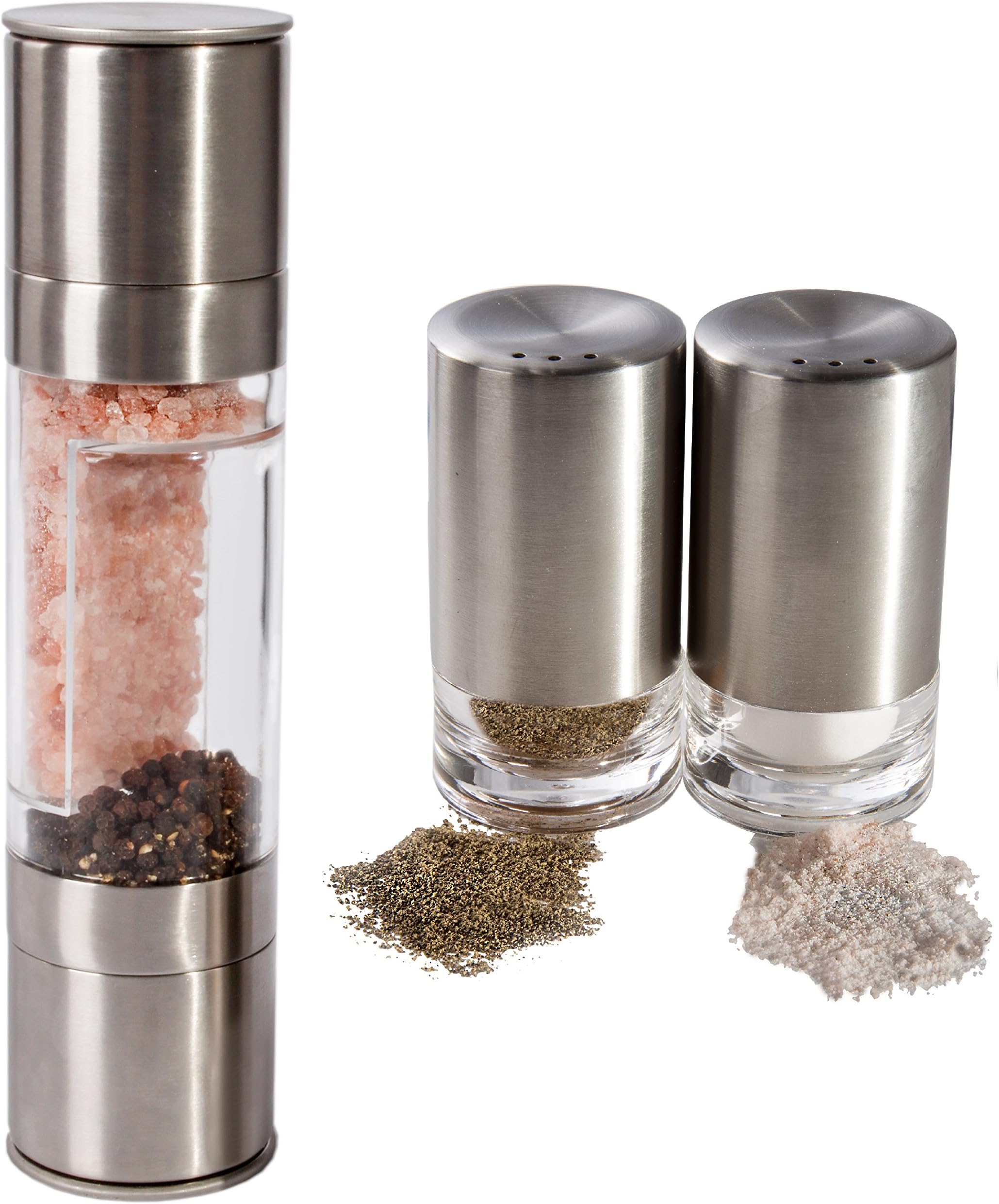 Salt and Pepper Grinder AND Two Spice Shakers Bundle - 2 in 1 Premium Salt and Pepper Mill - Stainless Steel Adjustable Coarseness Removable Caps - Salt and Pepper Shaker Set