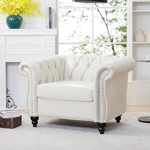 Miniatura 8 de LEVNARY Sillón tapizado de cuero, moderno sofá individual de mediados de siglo con brazos enrollados y cabeza de clavo, silla Chesterfield de piel