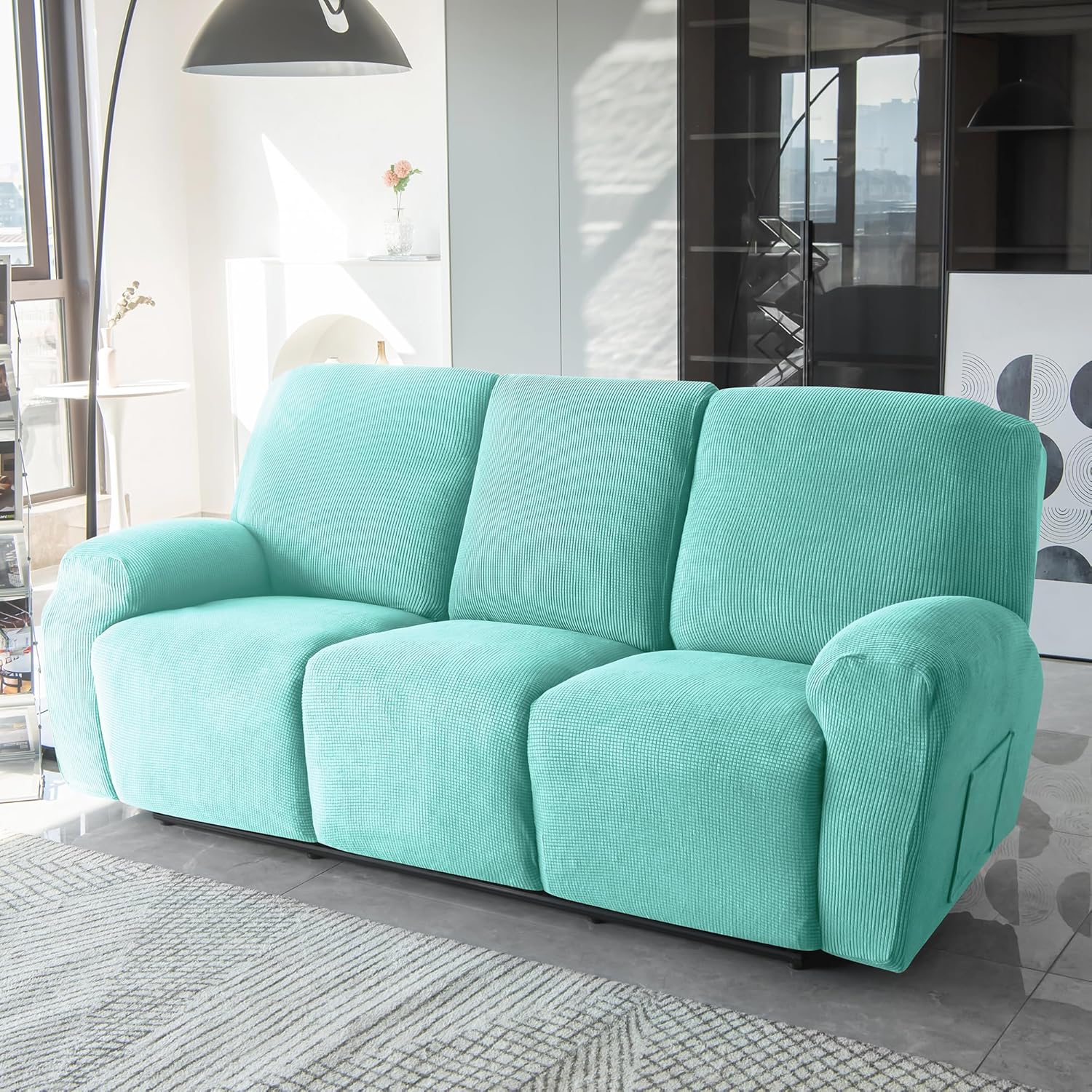 CONRUSER Stretch Recliner Sofa Cover, 8 Pieces Recliner Slipcovers Soft Jacquard Couch Cover for 3 Seater Non-Slip Furniture Protector with Pocket (Aqua)