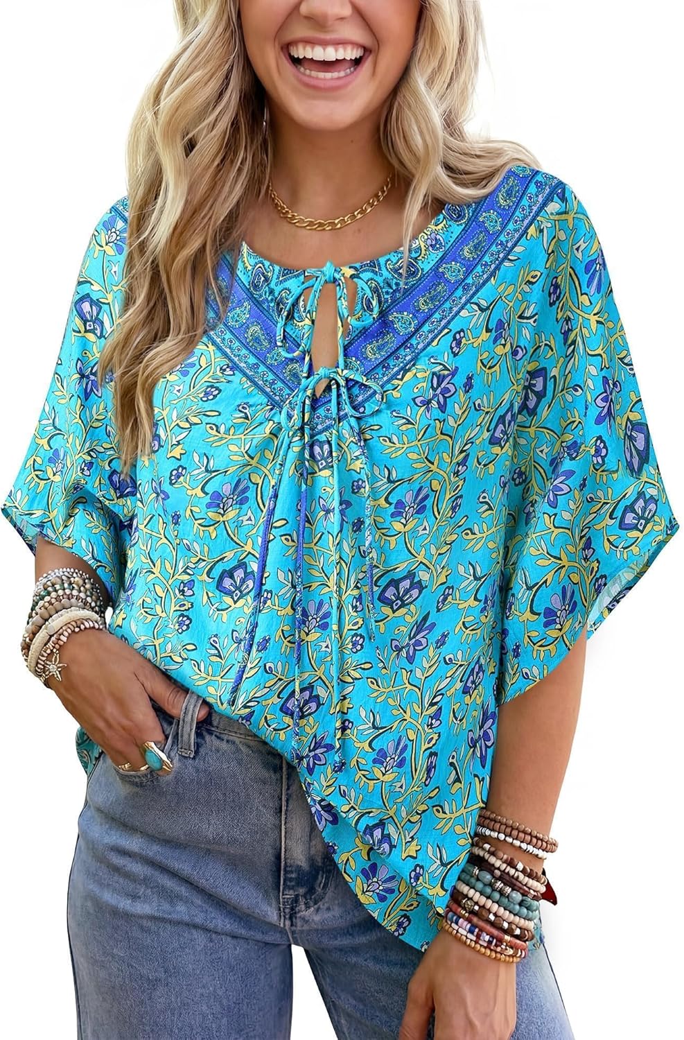 Vivilli Womens Boho Summer Tops 2026 Casual Floral V Neck Short Sleeve Blouses Tie Front Flowy Shirts Beach Vacation Clothes