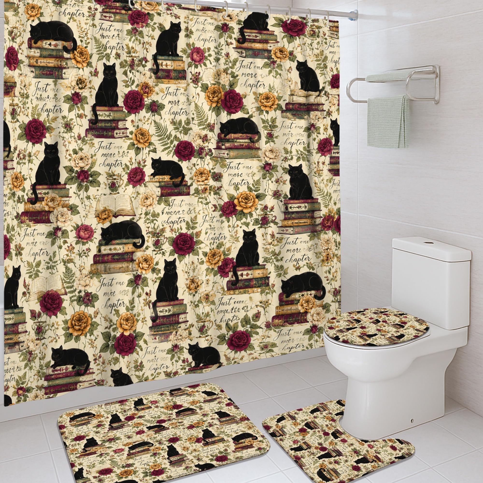 Rideau de douche vintage livre et tapis noir 183x183 cm en polyester imperméable
