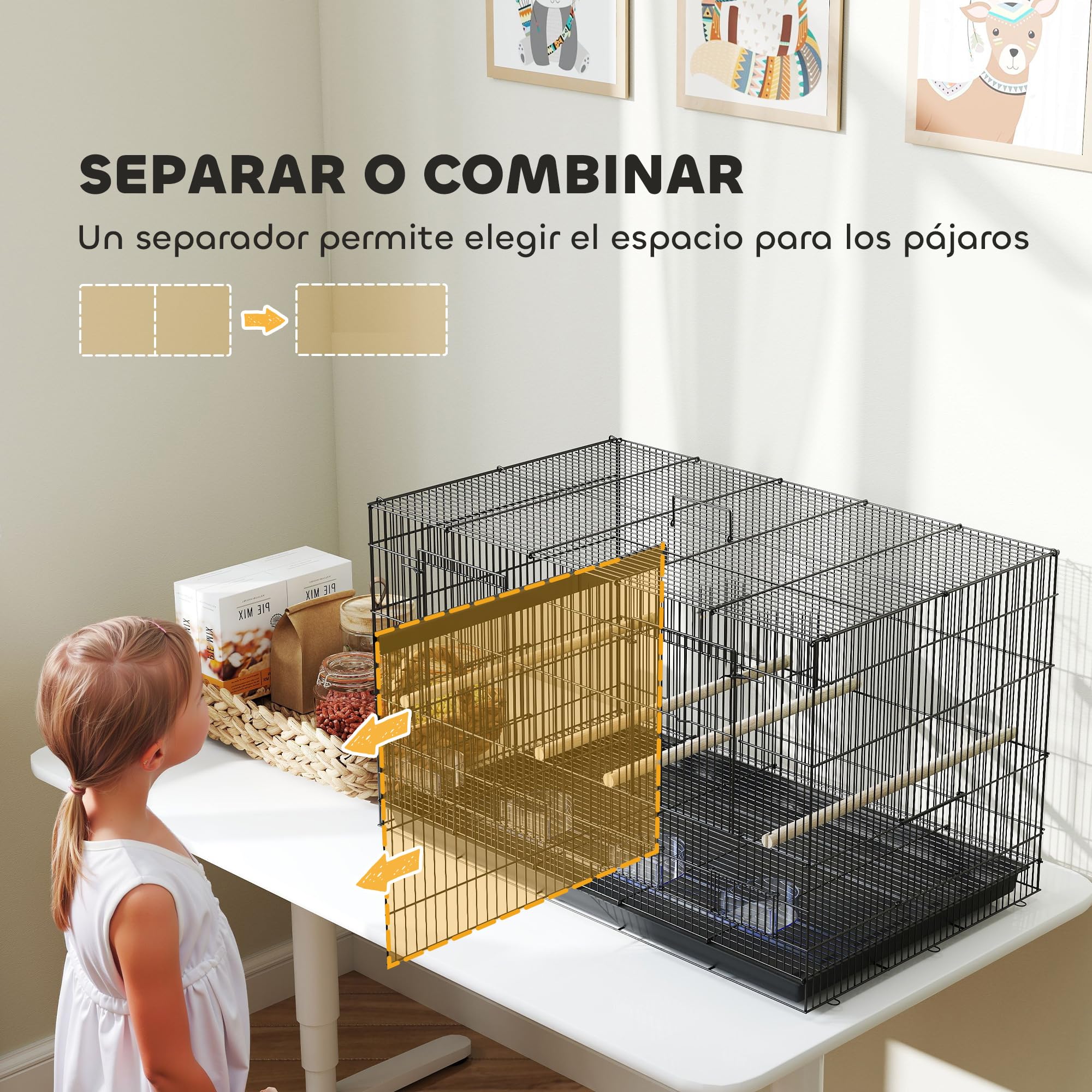 PawHut Jaula para Pájaros con Divisor, 76x46x46 cm, Pajarera con 4 Comederos, 4 Perchas y Bandeja Extraíble, Jaula para Loros, Canarios, Periquitos, Negro