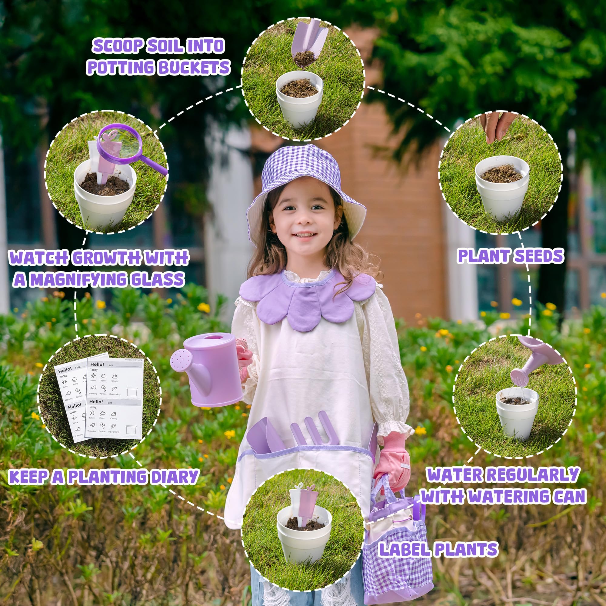 ROBUD Set da giardinaggio per bambini, 17 pezzi, con annaffiatoio per bambini, grembiule, forchetta e pala da giardino, paletta cilindrica, guanti da giardinaggio e borsa tote, giocattoli da giardino