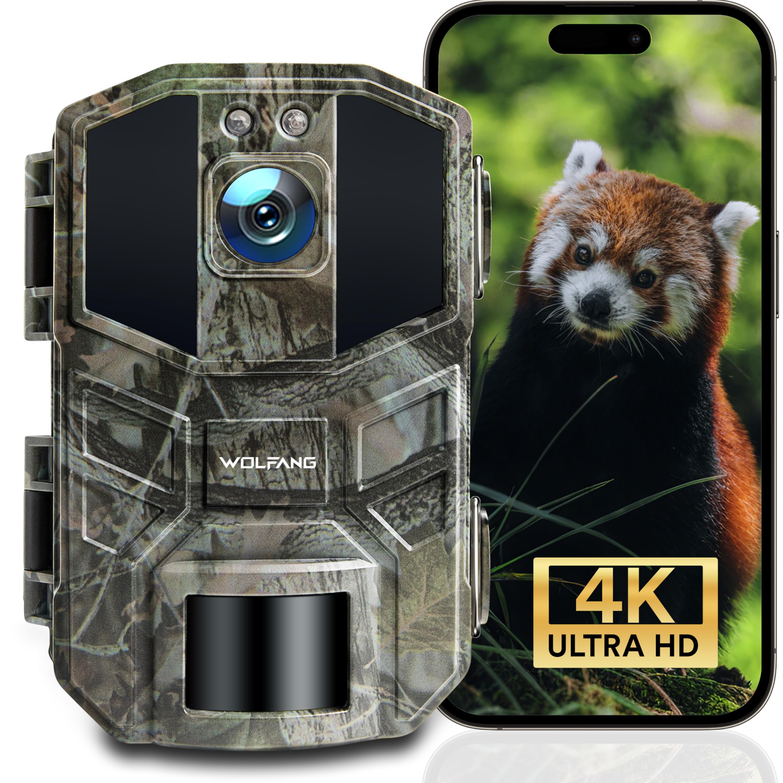 WOLFANG Wildlife Camera 64MP 4K HD, WiFi Bluetooth Trail Camera, Hunting Camera with Night Vision Motion Activated, IP66 Waterproof, 0.1s Trigger Time for Wildlife Recording、Indoor Monitoring