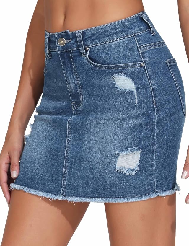 THE GYM PEOPLE Womens Ripped Denim Mini Skirts Stretchy Frayed Raw Hem Casual Trendy Jean Skirt with Pockets