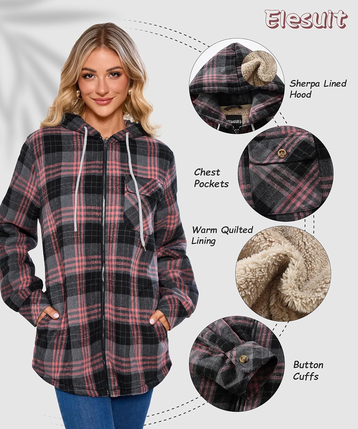 Elesuit Women's Full Zip Fleece Flannel Jacket Plaid Hooded Jackets Sherpa Lind Hoodies for Women - Image 6