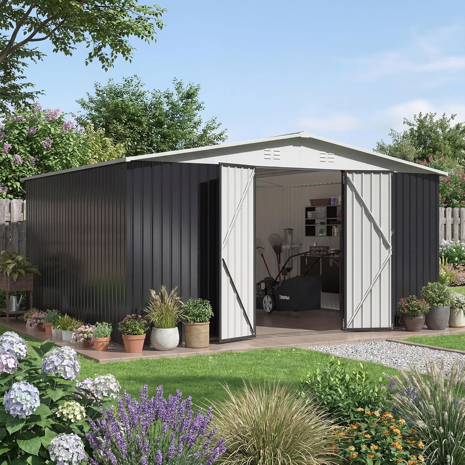 14x10 FT Outdoor Metal Storage Shed with Window, Heavy-Duty Galvanized Steel Tool Shed with Lockable Doors, Waterproof Garden Shed for Backyard, Patio, Lawn, Black