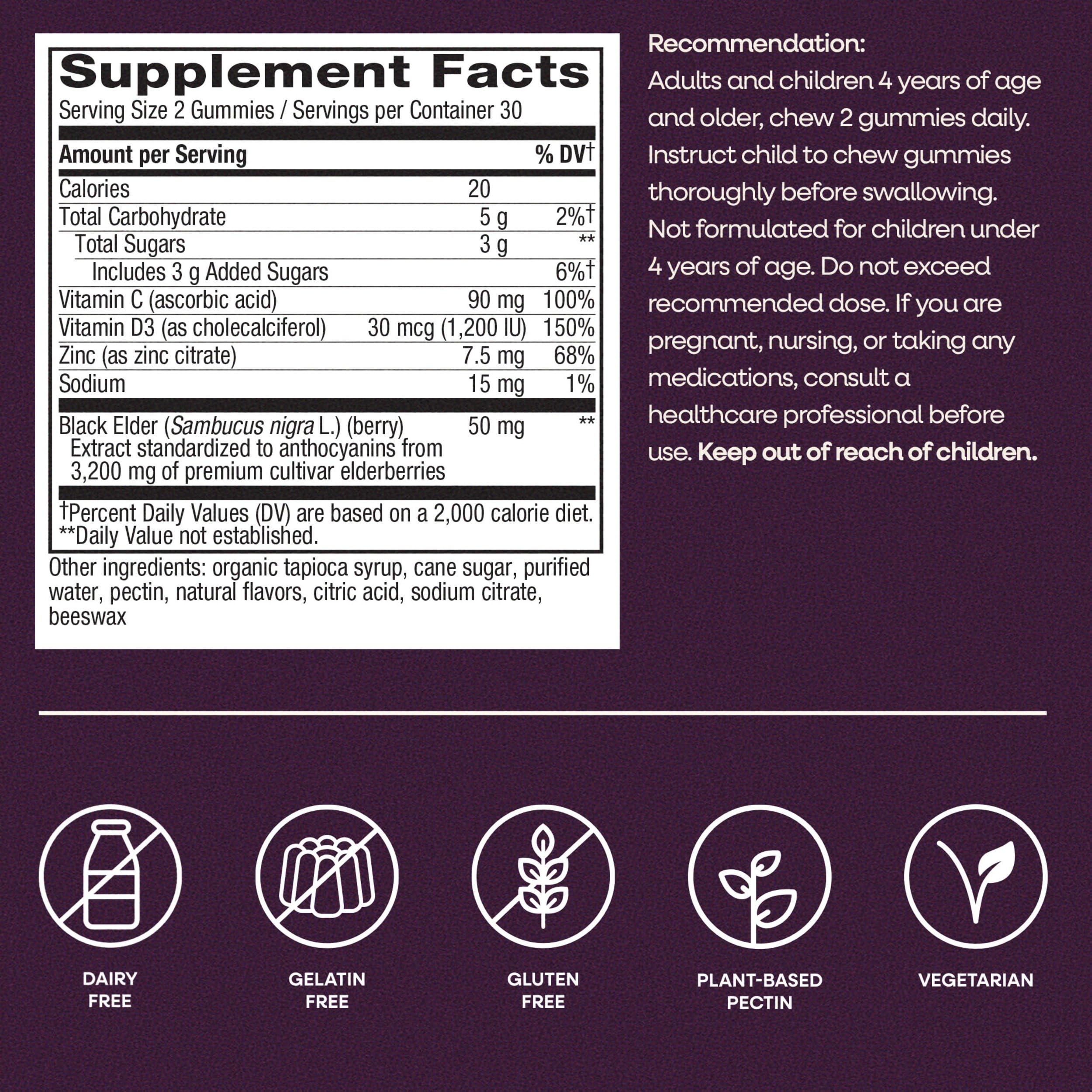 Nature’s Way Sambucus Elderberry Immune Support Gummies for Kids & Adults* with Black Elderberry Extract, Vitamin C, Vitamin D3, and Zinc, 60 Gummies (Packaging May Vary)