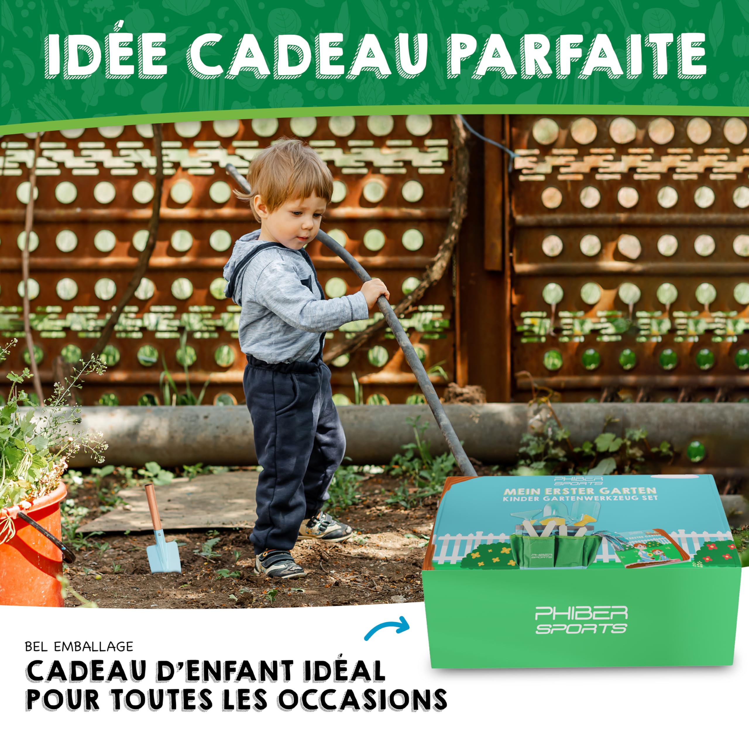 PHIBER-Sports Ensemble d'outils de Jardin pour Enfants (11 pièces) - Outils de Jardinage pour Enfants à partir de 3 Ans - Outils en métal, arrosoir, Gants de Jardinage, Sac