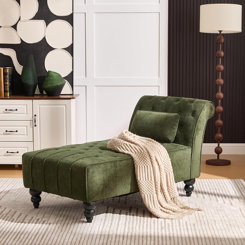 Christopher Knight Home Rafaela Velvet Upholstered Chaise Lounge Chair Indoor with Lumbar Pillow, Tufted Chaise Lounge Sofa with Scrolled Backrest, Wooden Living Room Lounge Chair, Forest Green