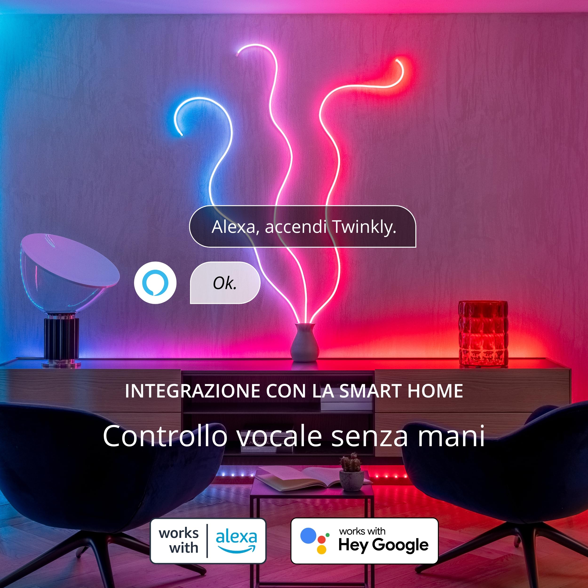 Twinkly Flex 2m, Tubo LED Multicolore, Striscia LED RGB Flessibile, Compatibile con Alexa e Google Home, Luci Gaming, 16M+ di Colori, Alimentazione USB C, Controllato da App, Filo Bianco