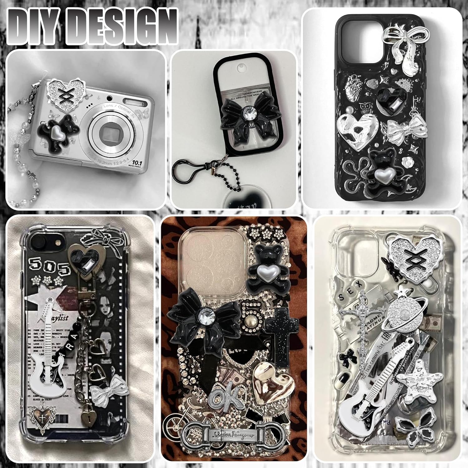 BELICEY Black Junk Case Charms Punk Snake Cross Charm for Phone Cases 3D Silver Rhinestone Heart Star Cell Phone Junk Charms Resin Bow Guitar Gun Cherry Rose for Customizing DIY Craft - Image 7