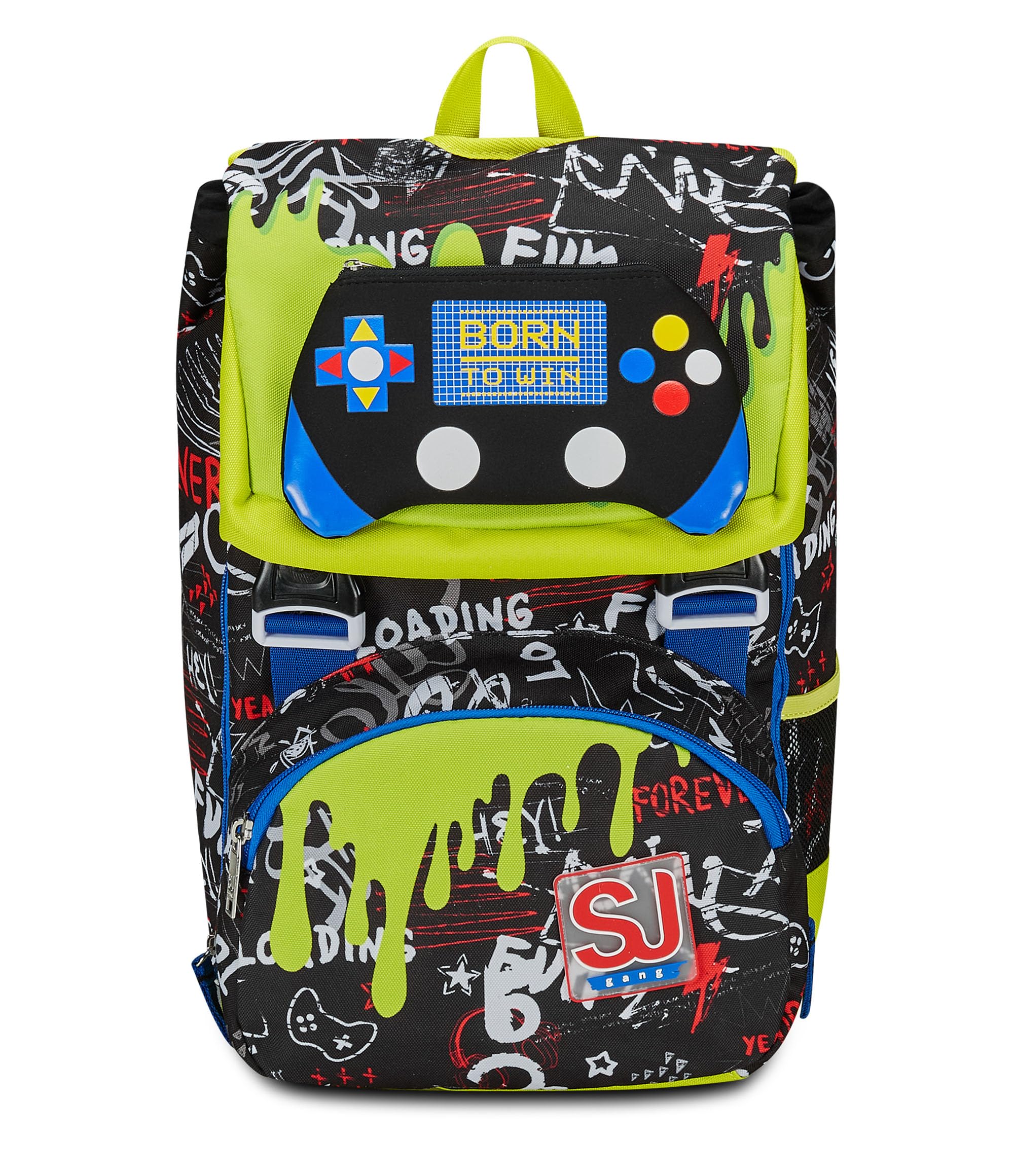 Seven SJ School Backpack Born To Fun Black and Green Double Compartment