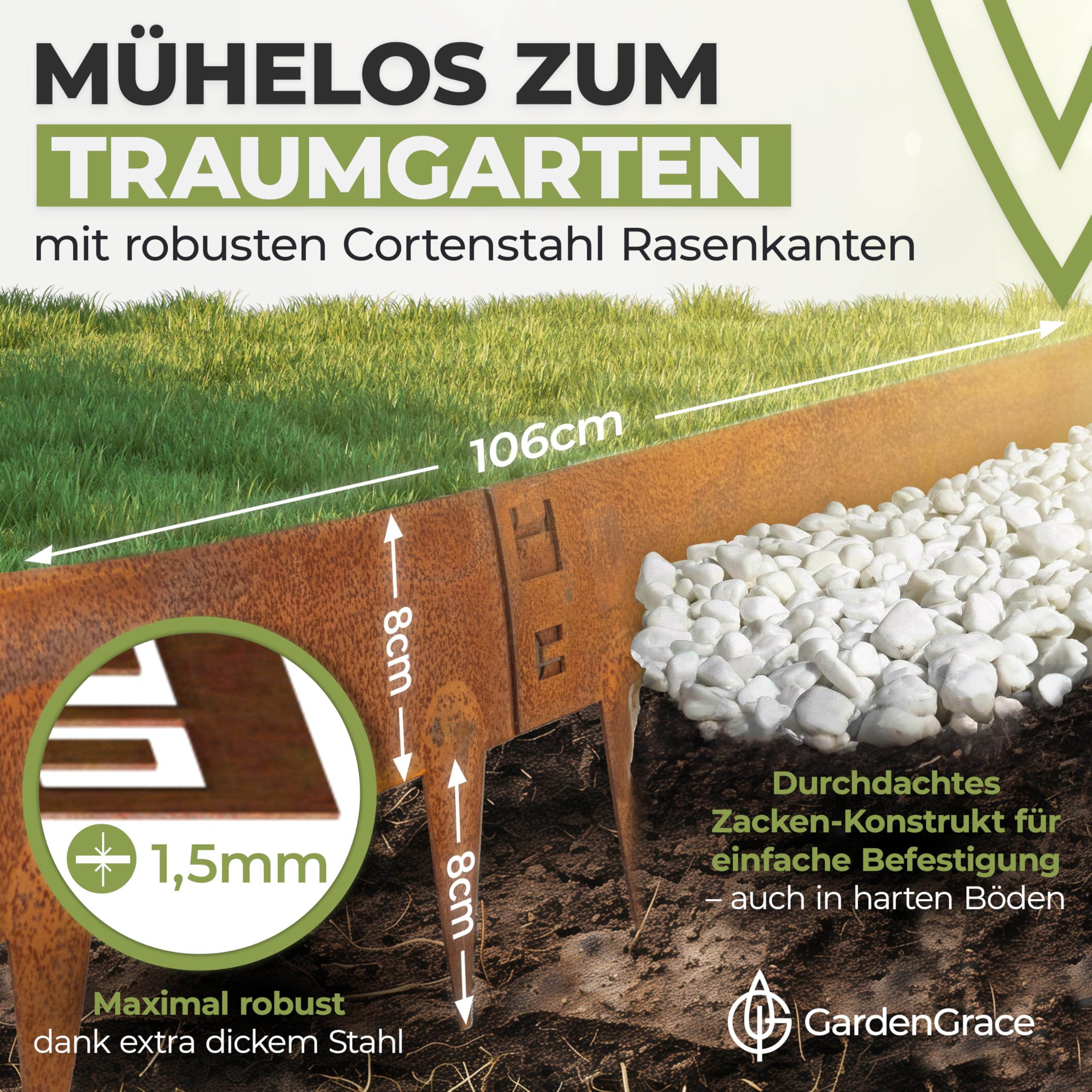 GardenGrace Cortenstahl Rasenkante 5 x 1m (1,5mm dick, 16cm hoch) - Premium Beeteinfassung Metall - Flexible Beetumrandung aus Edelrost Stahl für den Garten, Rasenbegrenzung