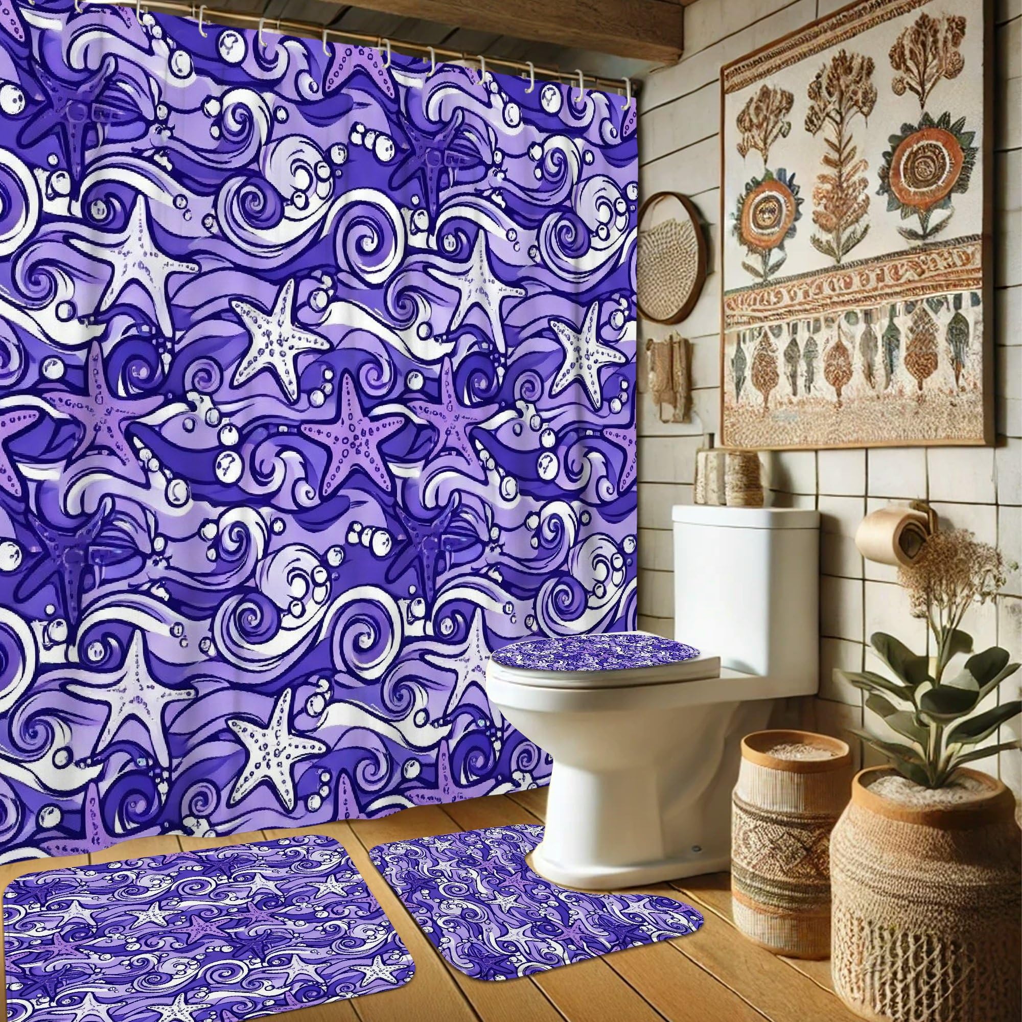 Rideau de douche anti-projections violet et tapis pour garder le sol sec et propre