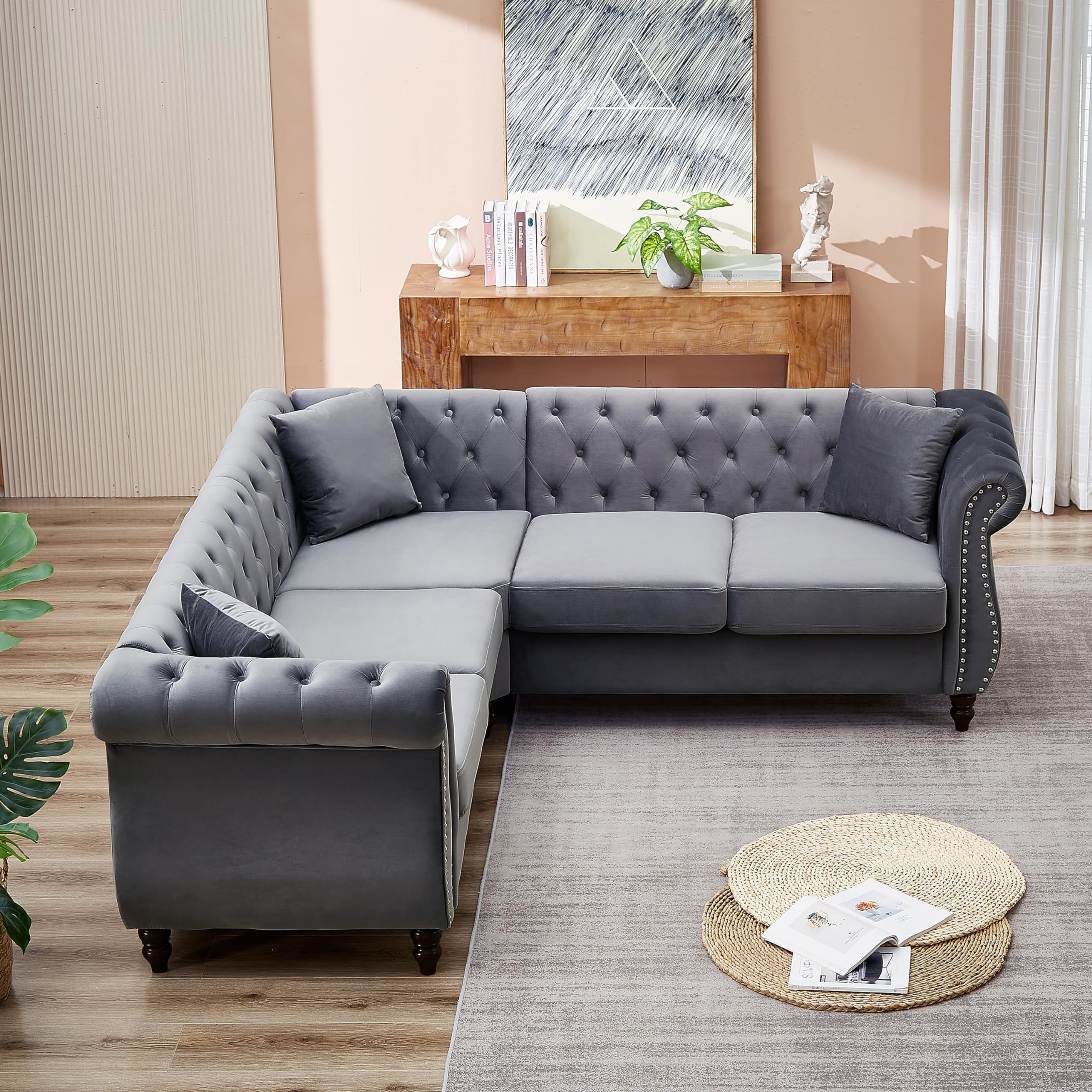 83.5" Chesterfield Corner Sofa, Retro Upholstered L-Shaped Couch with Rolled Arm, 5 Seater Velvet Sofas for Living Room Bedroom Office Apartment, Gray