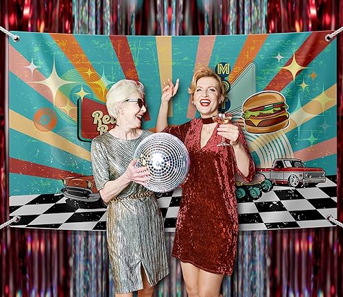 Miniatura 2 de Telón de fondo para fiesta de los años 50, decoraciones de fondo retro de los años 50, regreso a los años 50, pancarta de cumpleaños de rock and