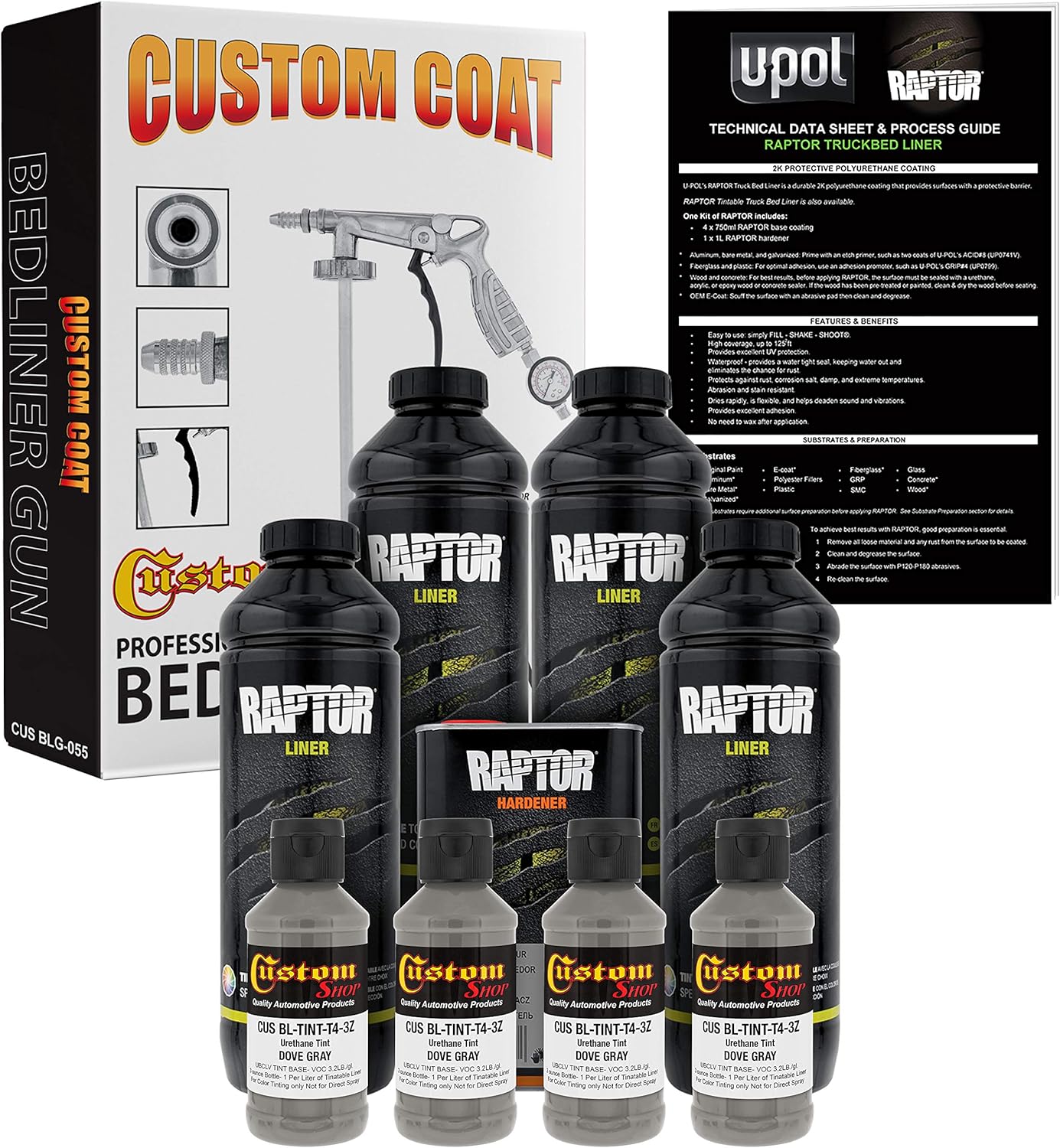 Custom Shop Dove Gray Urethane Spray-On Truck Bed Liner Kit and Custom Coat Spray Gun with Regulator, 4 Liters