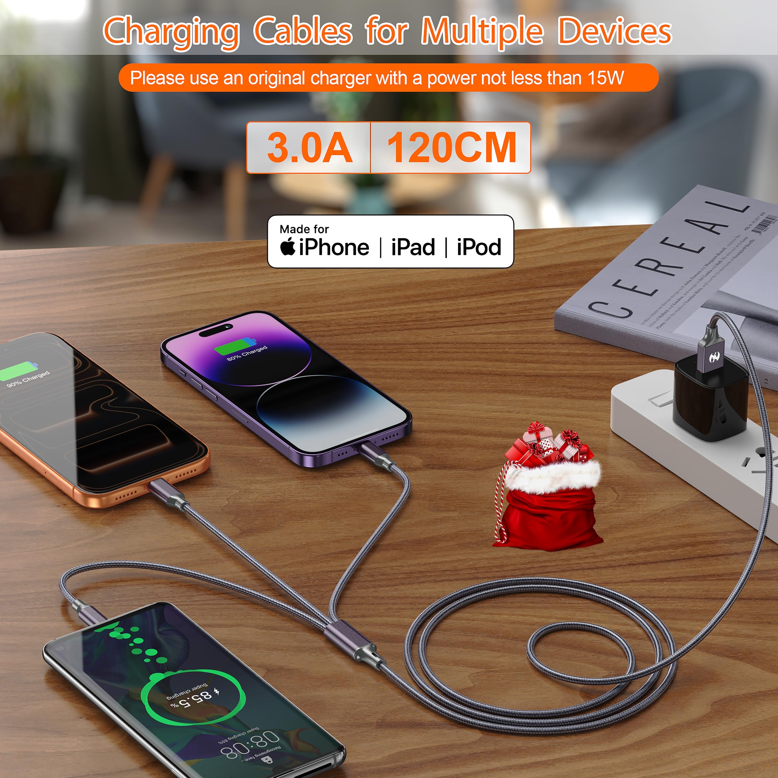 Cable de carga múltiple (4 pies, 2 unidades), cable de carga USB 3 en 1 para múltiples dispositivos, cable de carga universal trenzado para teléfono con tipo C/USB C, micro USB, puerto IP para iPhone