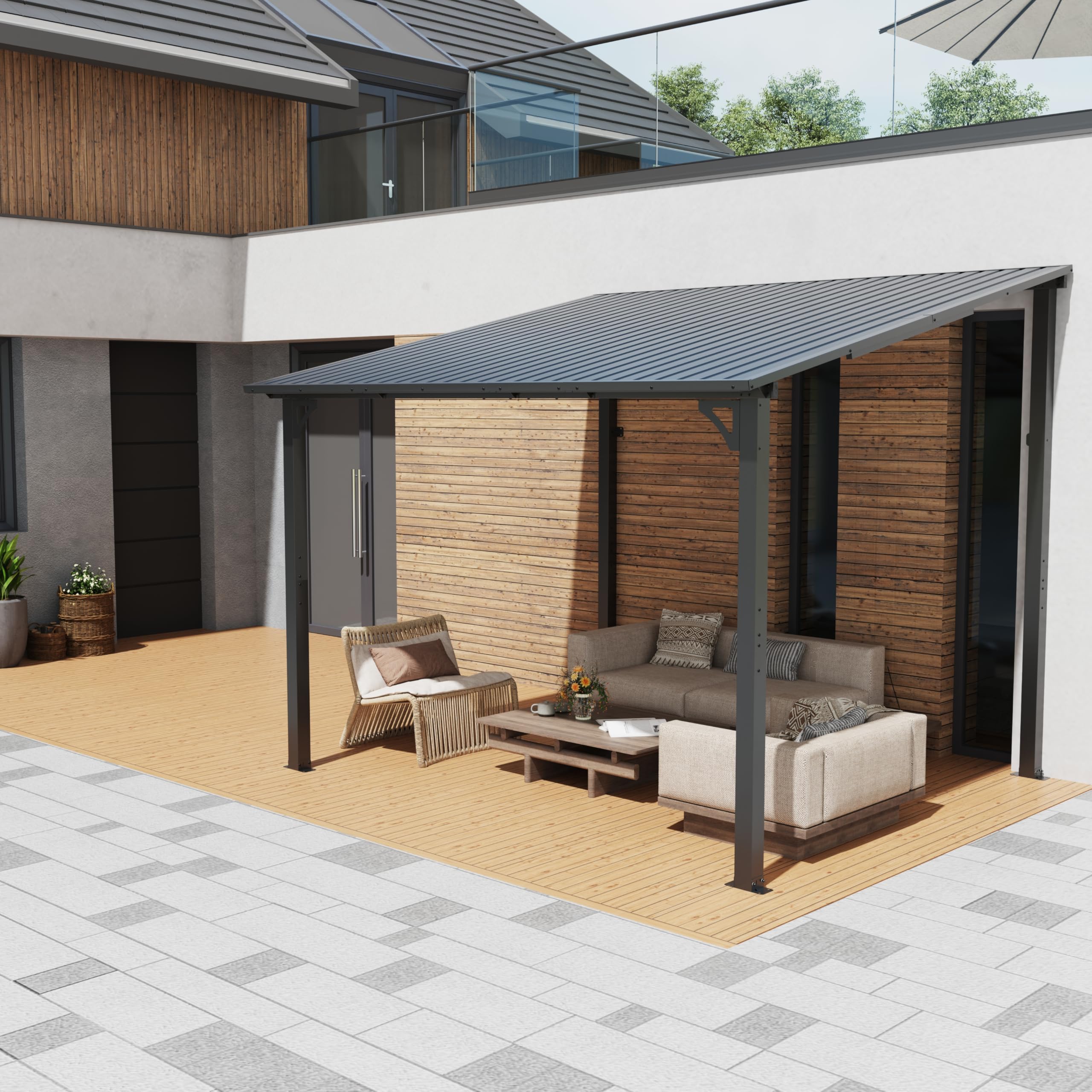 OC Orange-Casual 8x10 FT Patio All-Iron Gazebo,Hard Top Lean to Gazebo Pergola with Roof,Wall Mounted Heavy Duty Awnings, for Outdoor, Backyard, Deck