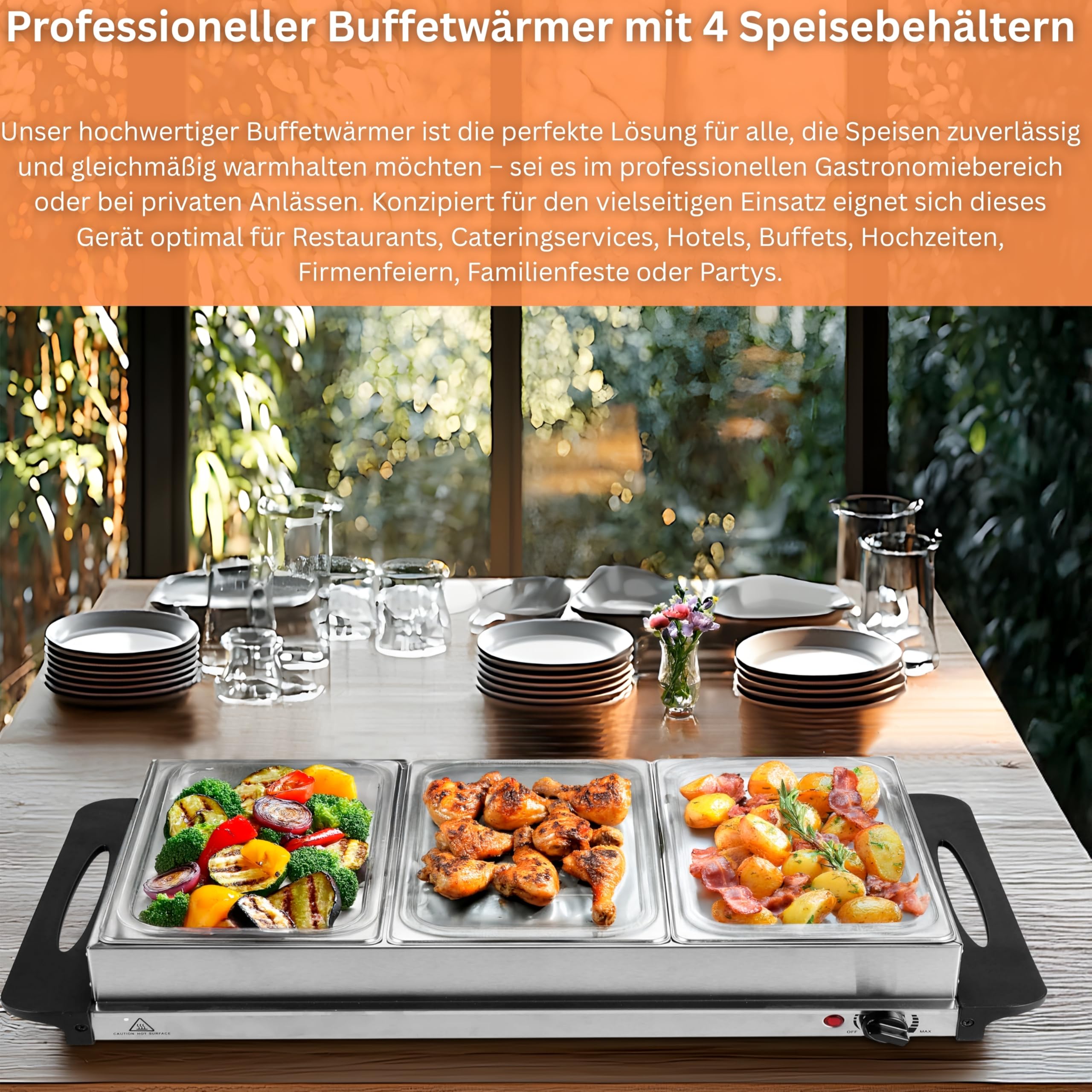 Buffetwärmer Warmhalteplatte 300 Watt 4 Speisebehälter Chafing Dishes