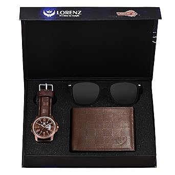 LORENZ Mens Brown Dial Analog Watch, Brown Wallet and Wayfarer Sunglasses Combo Box - CM-2070SN1-WL32