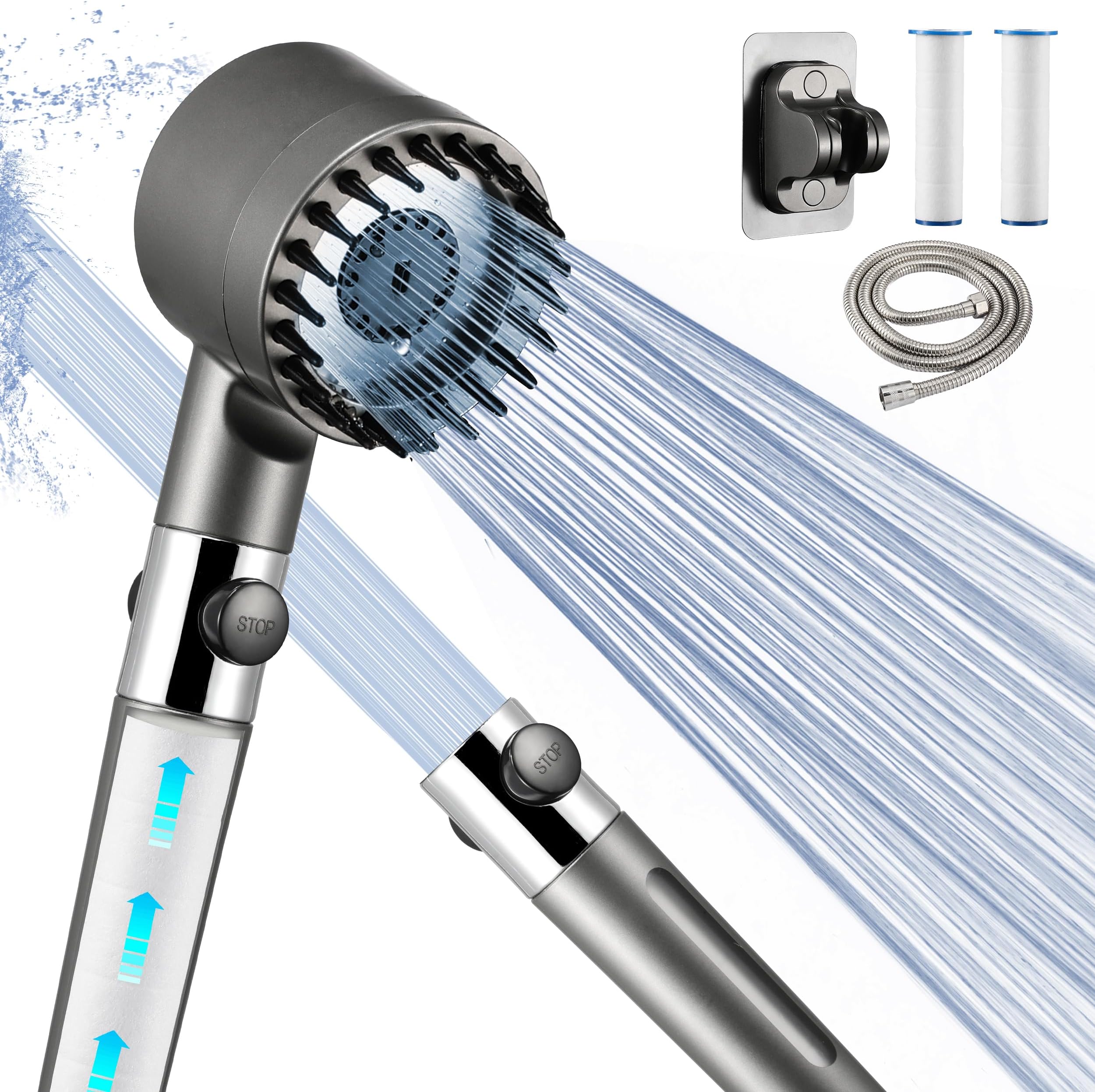 Drivse Iondrops Showerhead with Handheld,High Pressure Shower Heads with On Off Switch for RV/Camper,Detachable Filtered Shower Head for Hard Water with Hose (Gun Grey,3 Filters)