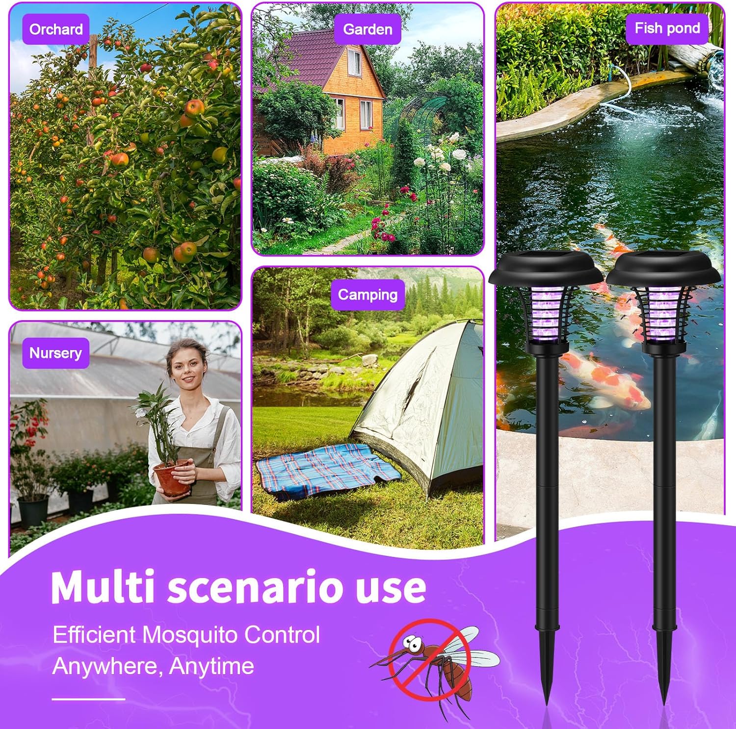4 Pcs Solar Bug Zapper Waterproof Mosquito Zapper Killer and Lighting Repellent Lamp for Indoor Outdoor Use Garden Patio Lawn (Plastic,Purple & Soft Light)