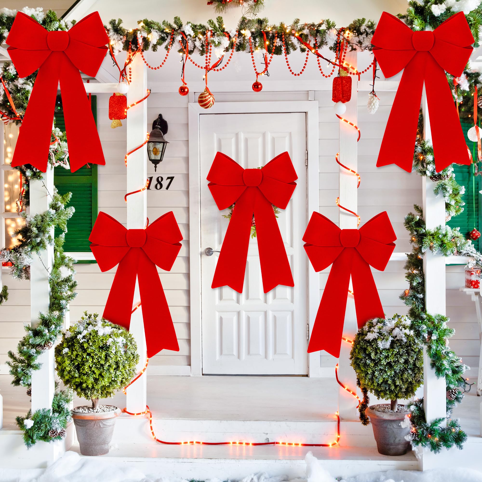 8 piezas de decoraciones de Navidad, lazos rojos de Navidad de 12 x 18 pulgadas, lazos de Navidad grandes de PVC de terciopelo rojo para colgar en exteriores, interiores, decoración de fiesta para