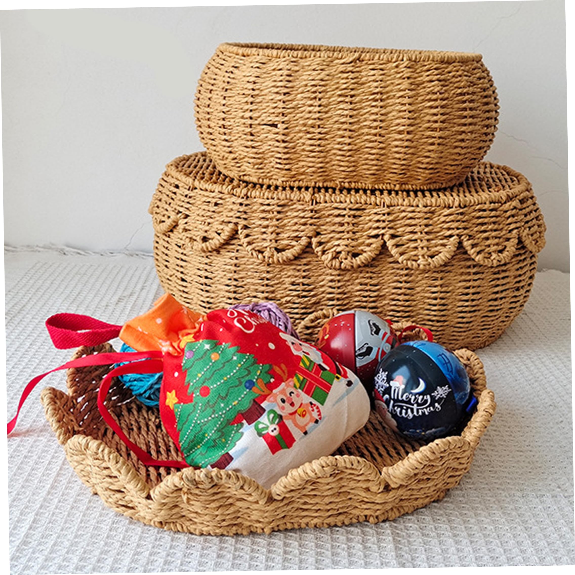 Set di 3 cestini smerlati, cestini in vimini con coperchio, portaoggetti in rattan intrecciato a mano, per soggiorno, bagno, camera da letto, cibo, pane, picnic, 3 misure