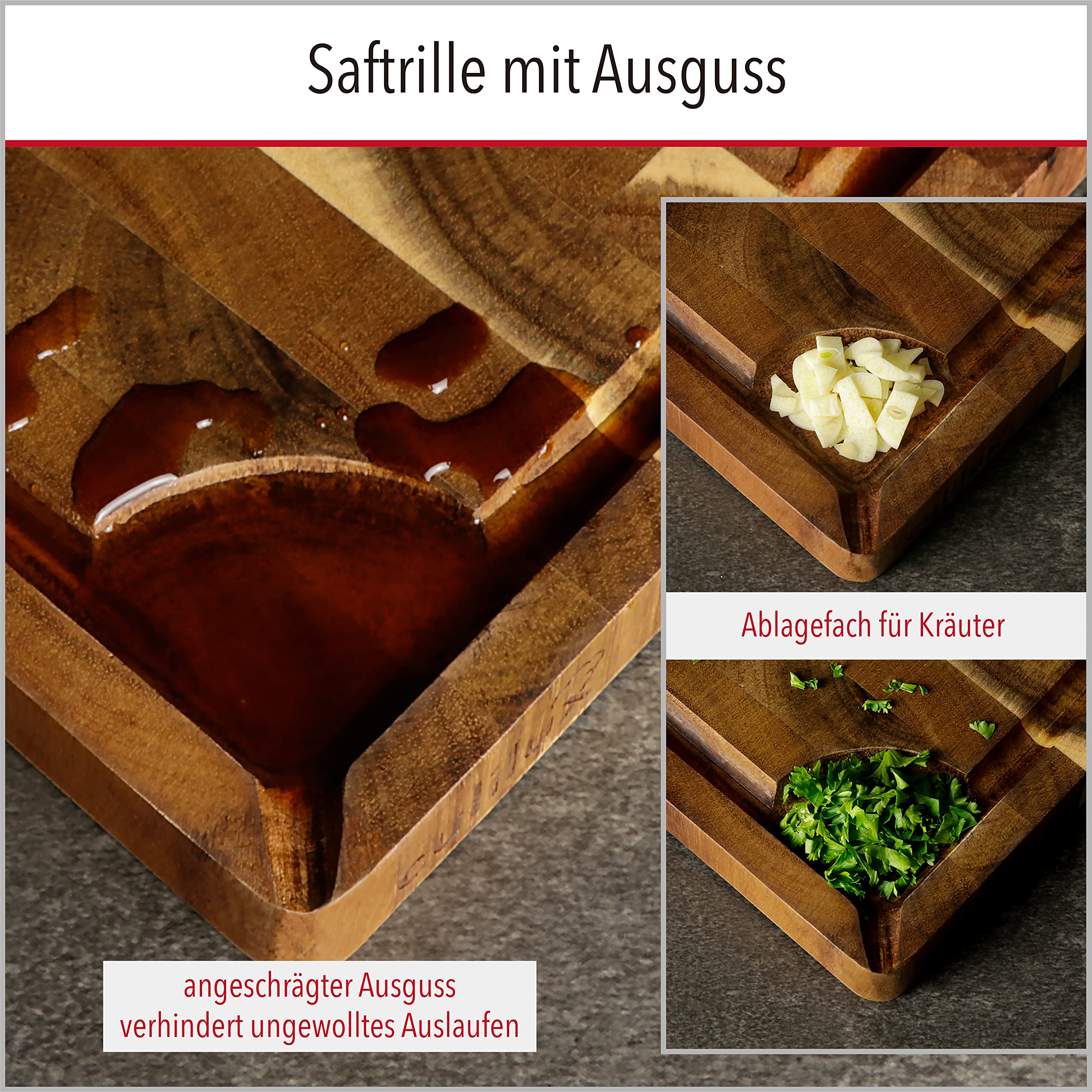 Gourmet Schneidebrett L Stirnholz Akazie 40 x 30 x 3 cm | 2-seitig, Mit Saftrille, Antiseptisches Hirnholz, Zum Servieren geeignet