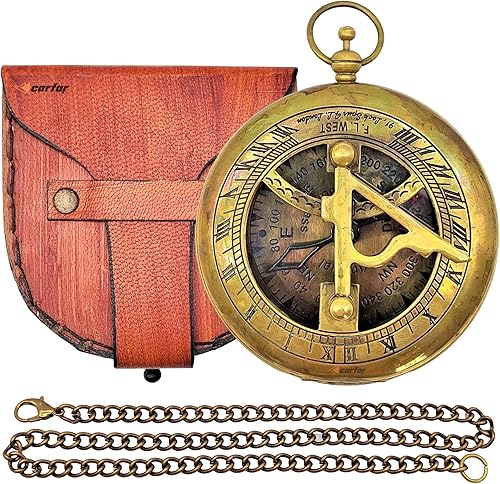 Carfar Brújula náutica reloj de sol hecho a mano latón macizo estilo vintage reloj de sol Push Open Navigational Marine Brújula con estuche de cuero
