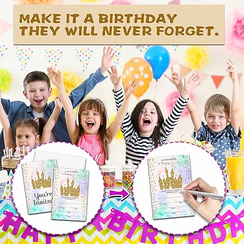 Miniatura 3 de Tarjetas de invitaciones de cumpleaños de castillo de princesa para niñas, invitaciones de relleno de purpurina dorada de doble cara, suministros