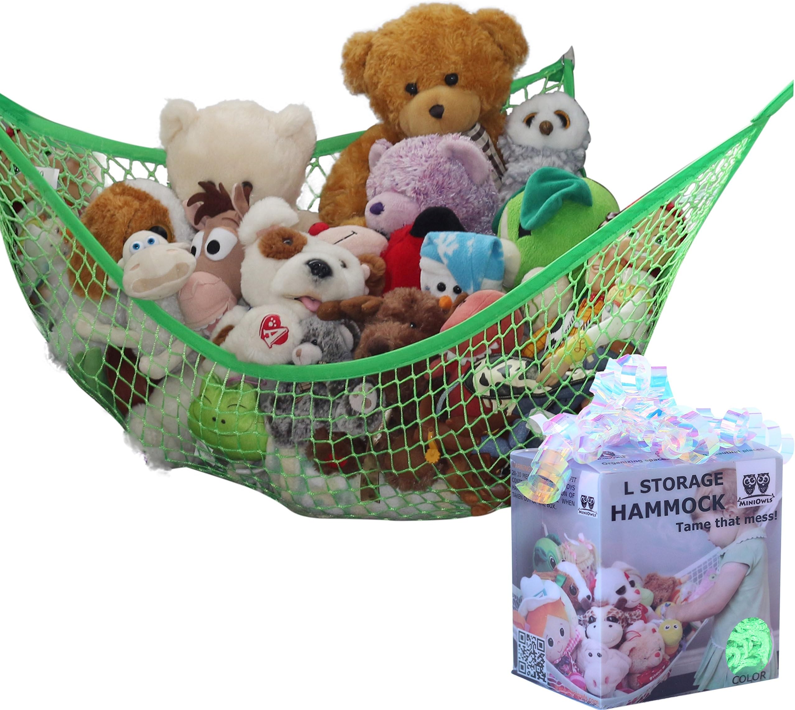 MiniOwls Stuffed Animal Storage Hammock Organizer - Helps de-Clutter Toys and Organize Playroom or Kid's Bedroom. Great Gift. Solution for Too Many Plushies. (Green, Large)