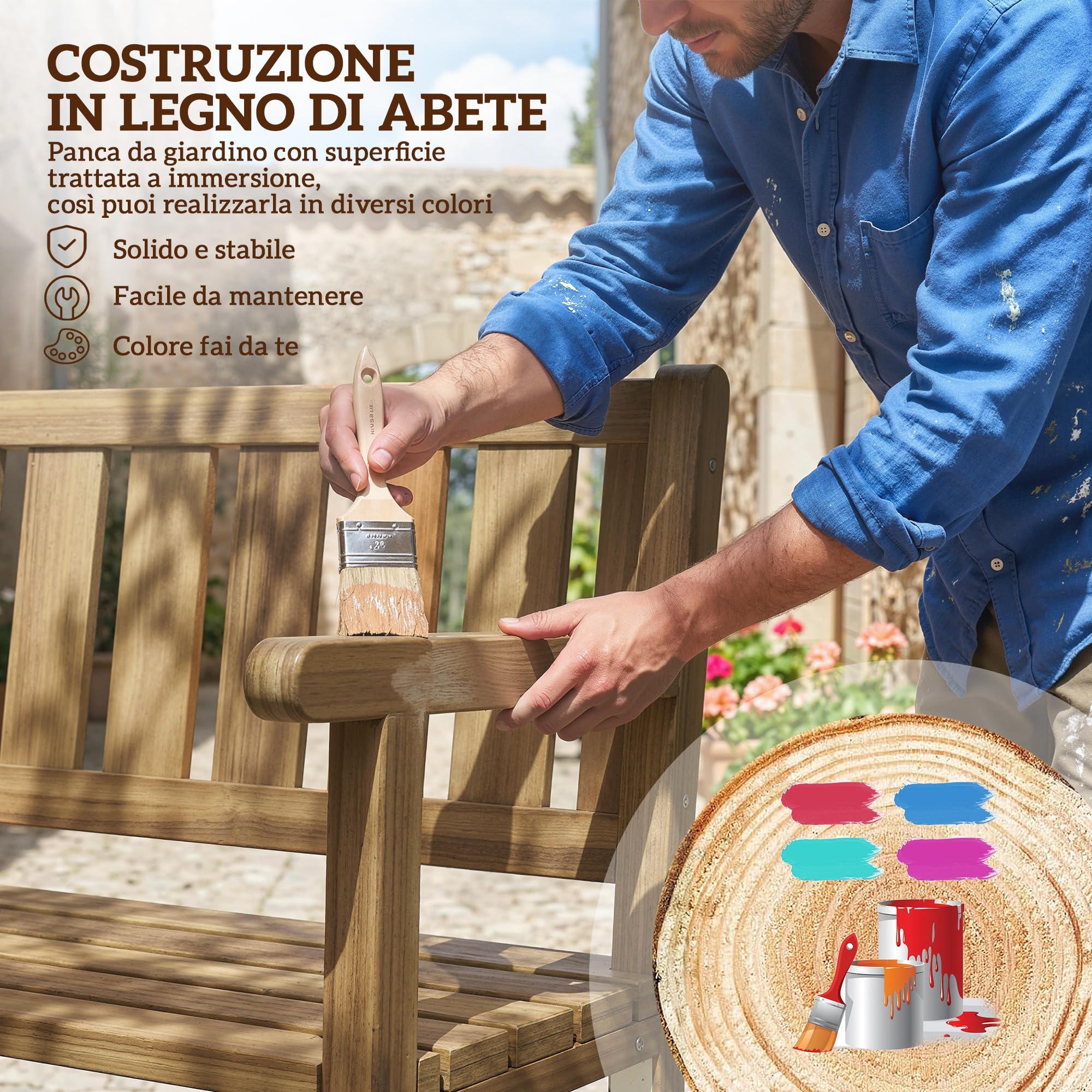Outsunny Panchina da Giardino da 2 Posti a Doghe 150x57x93 cm Color Teak | Panchina da Esterno in Legno di Abete, Stile Country, Panca per Terrazza Patio e Cortile