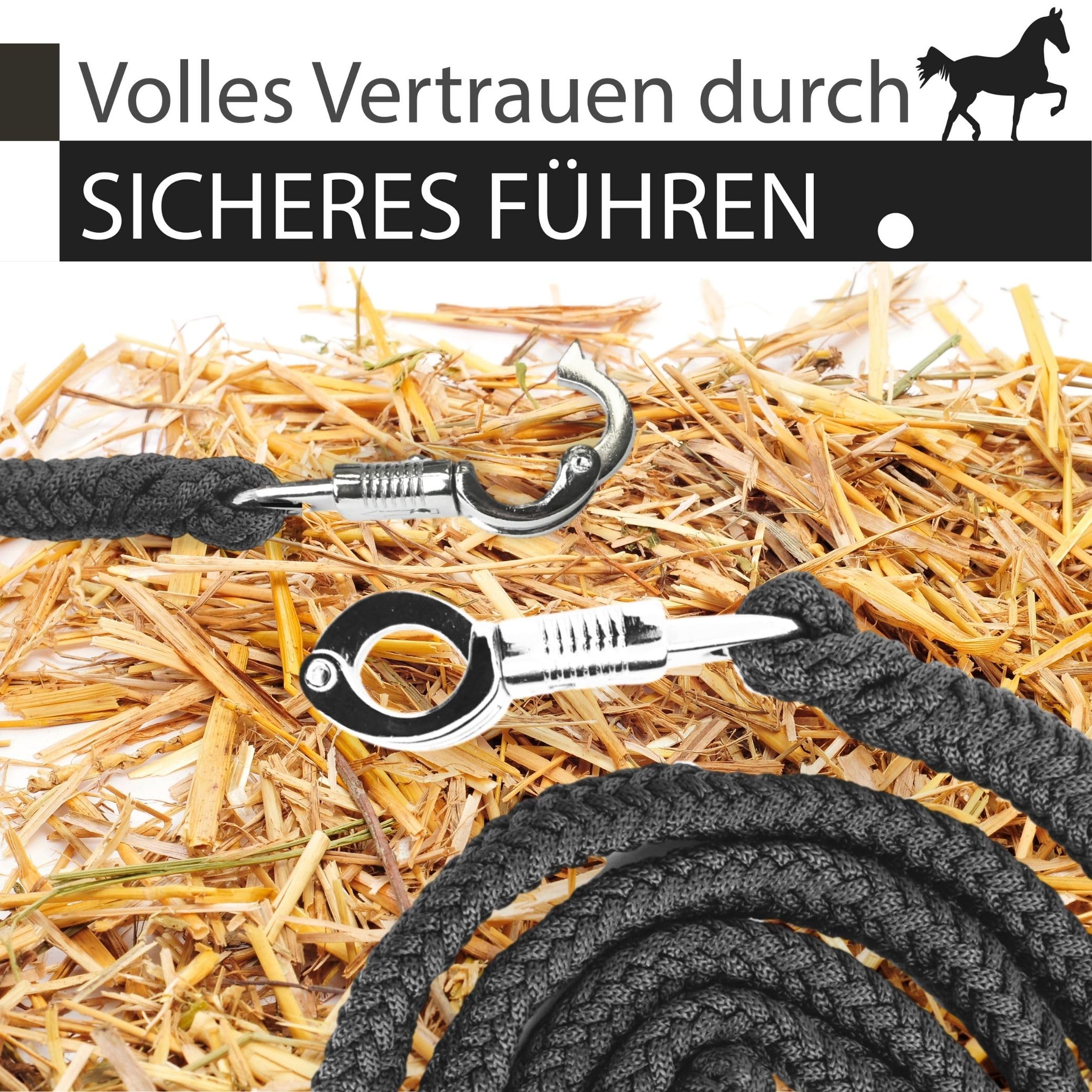 Cuerda para caballos con gancho de pánico estable, longitud 2 m, muchos colores (negro y negro)