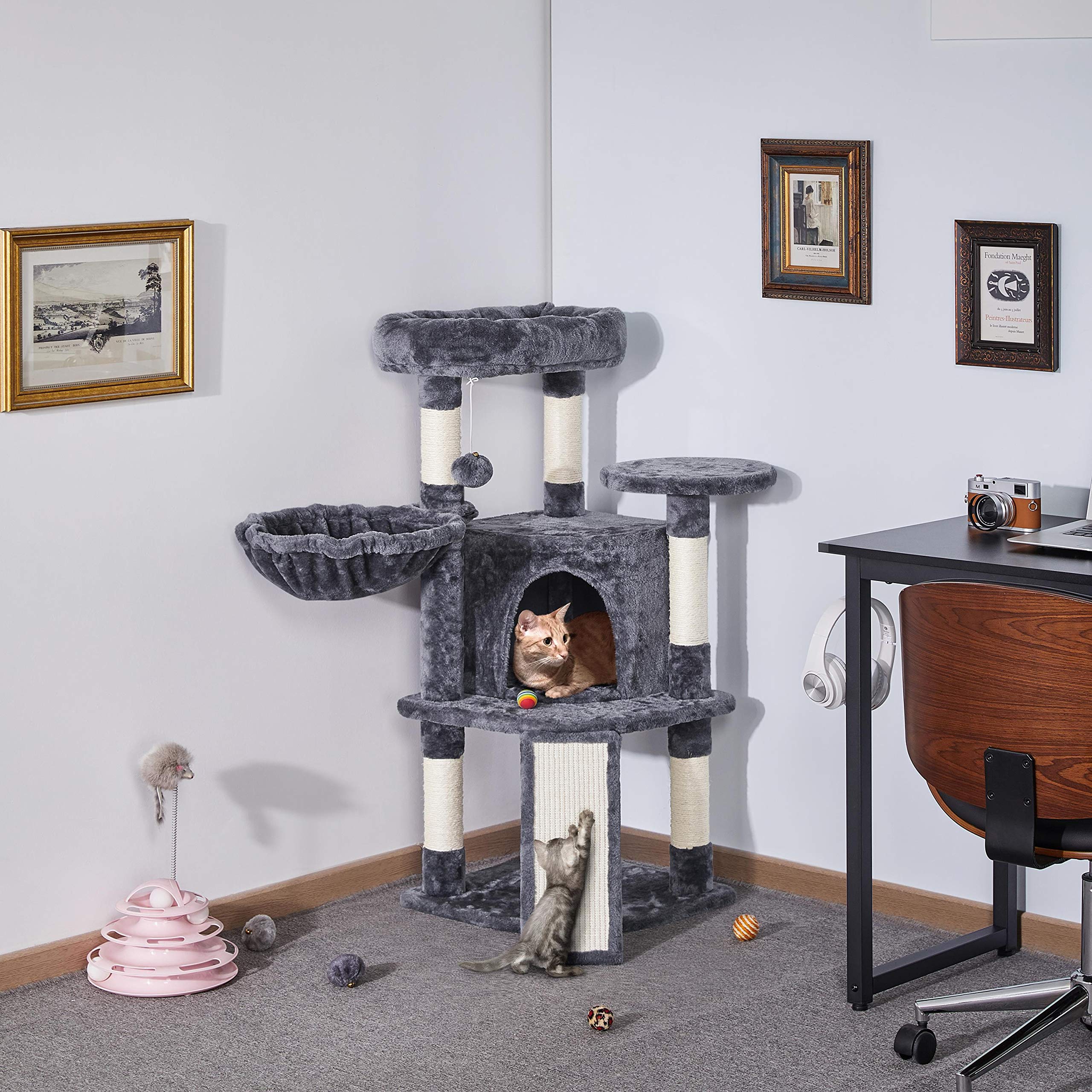 Yaheetech Árbol Rascador para Gatos Grandes 106 cm Altura con Espaciosas Cueva para Gato de Casa Torre para Mascato Grande Gris Oscuro | Rampa de sisal, Correa antivuelco, postes cuerda de sisal, Bola colgante sustituible, Condominio grande, cesta acogedo