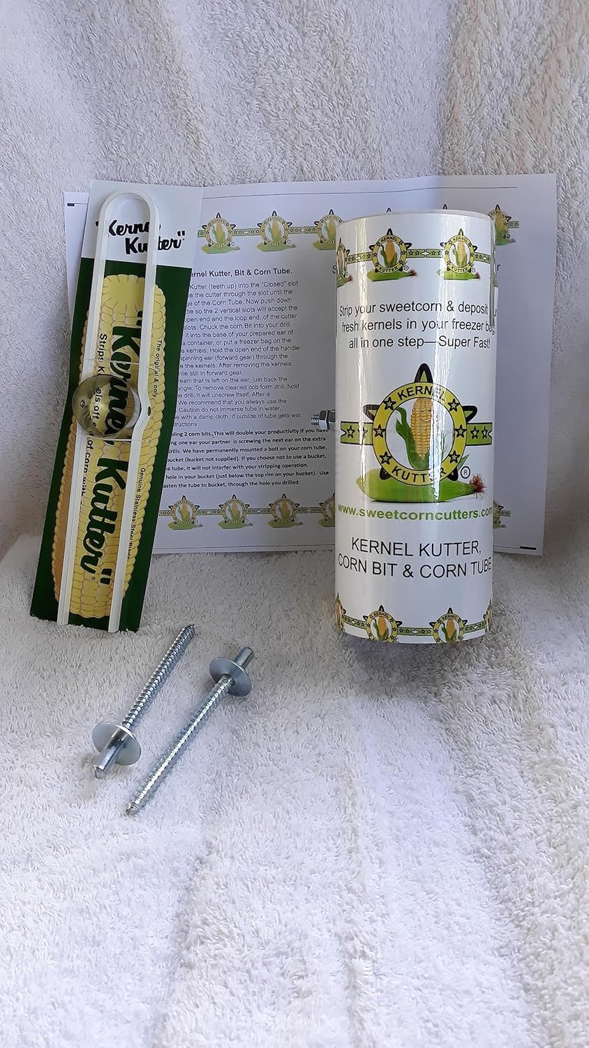 KERNEL KUTTER (sweet corn cutter, corn peeler, corn knife) W/TUBE, 2 corn BITS, mounting hardware & instructions. A revolutionary new way to process your sweetcorn SUPER FAST. See the video