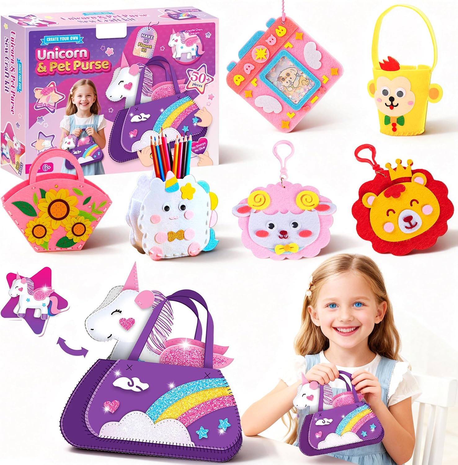 RivanPal Sewing Kit for Beginner, Art Craft Supplies, Learn to Sew Embroidery Kit for Unicorn Purse Bags Picture Frame Pen Holder, DIY Felt Craft Gifts