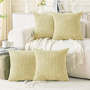 Set of 4 Pale Yellow Decorative Throw Pillow Covers 16x16 Inch Corduroy Pillow Covers for Bed Couch Sofa Living Room Soft Square Cushion Cases