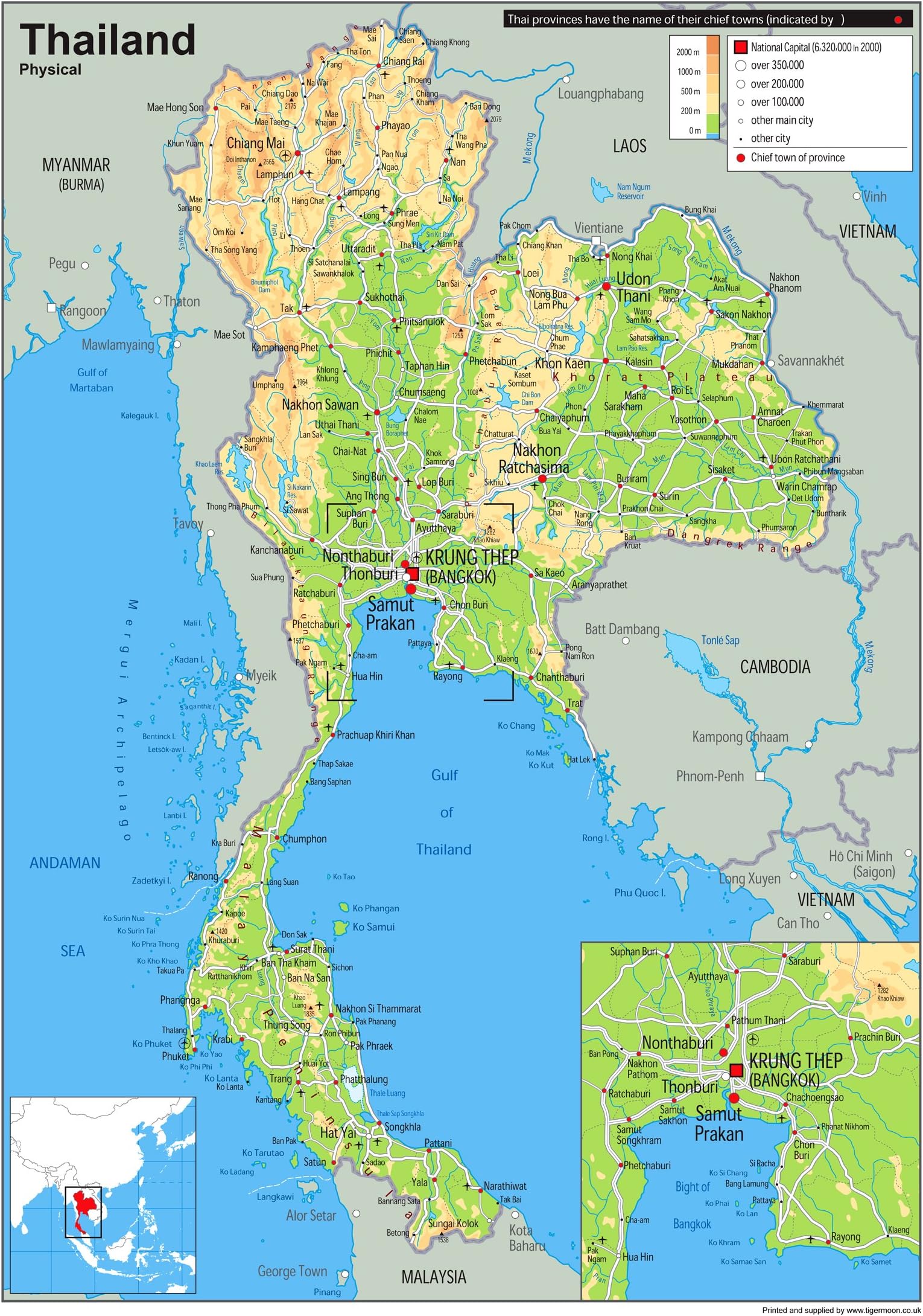 Physical Map of Thailand - Size A1-59.4 x 84.1cm - Paper Laminated