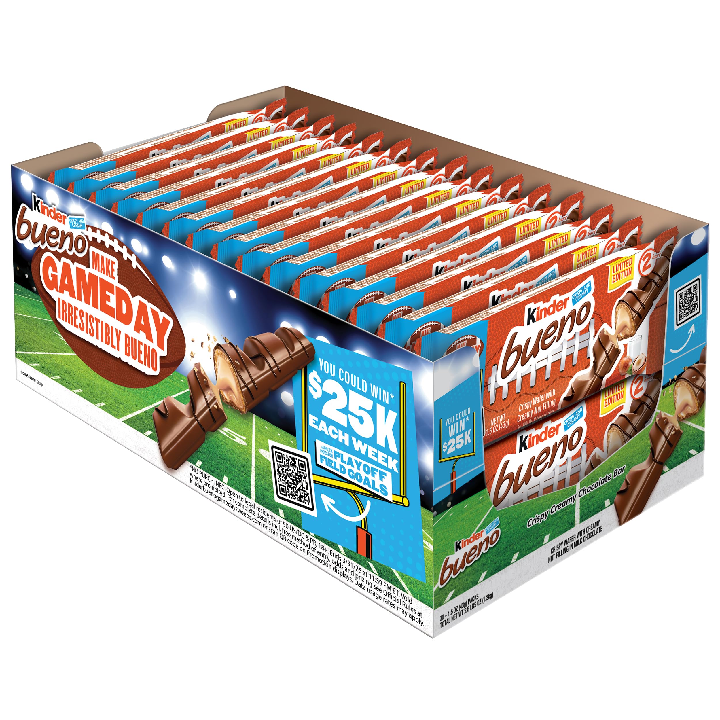 Kinder Bueno Milk Chocolate and Hazelnut Cream, 2 Individually Wrapped Chocolate Bars Per Pack, 1.5 oz each, 30 Pack