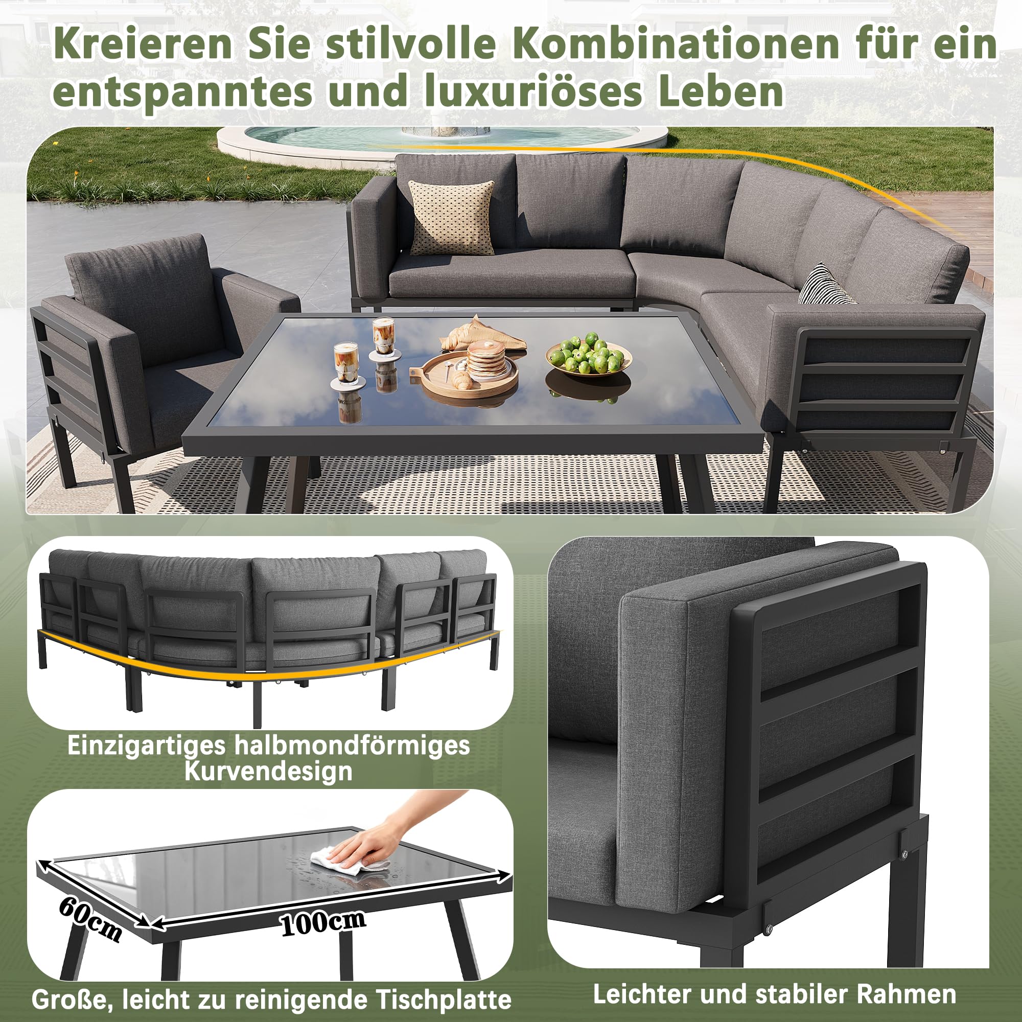 Mrwoo Halbmond Sofaset für 8 Personen mit Glastisch, 1 Sessel & 2 Hocker, Wetterfeste Gartenmöbel aus Eisengestell mit grauen Polstern für Terrasse & Balkon (Grau)
