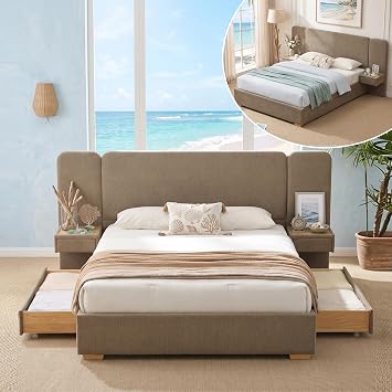 Queen Size Platform Bed Frame with Drawers & 2 Built-in Nightstands, Brown | Luxury Bed Frame with Chenille Upholstered Headboard, Easy Assembly, No Box Spring Needed